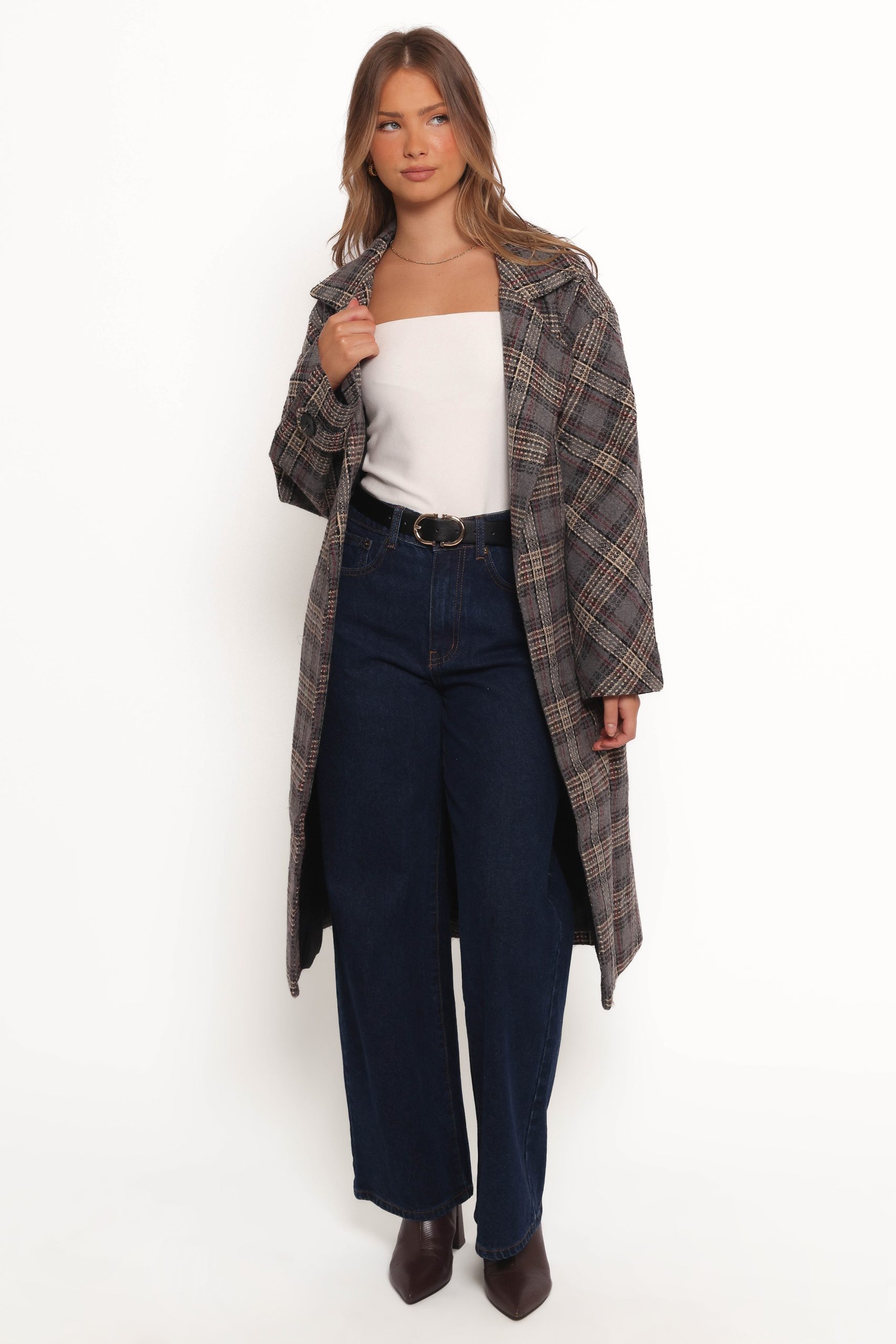 Torie Waist Tie Long Coat - Grey Check - Image 4