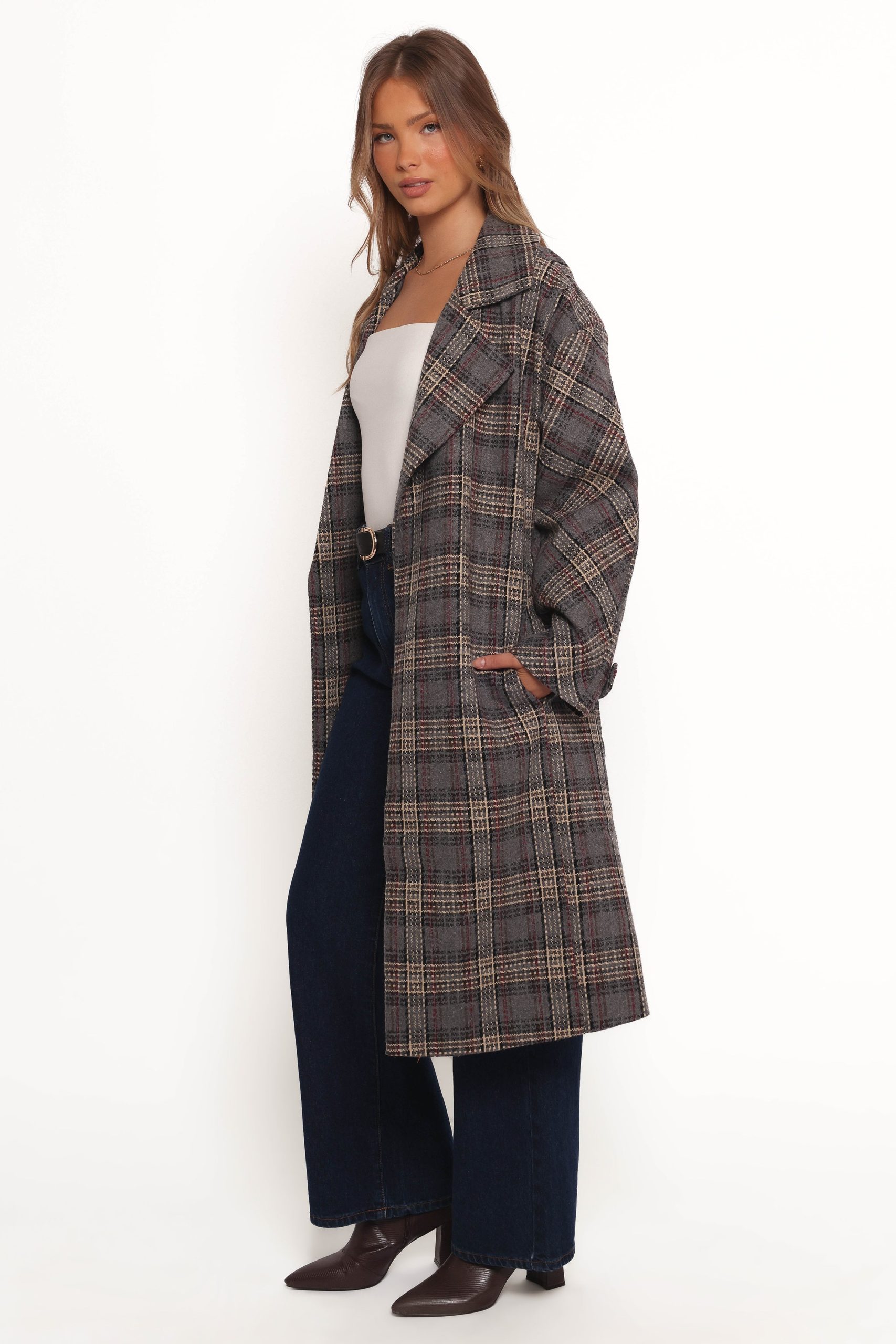 Torie Waist Tie Long Coat - Grey Check - Image 5