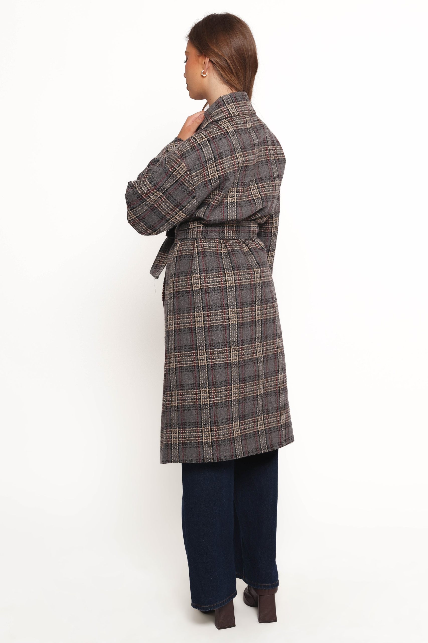 Torie Waist Tie Long Coat - Grey Check - Image 6