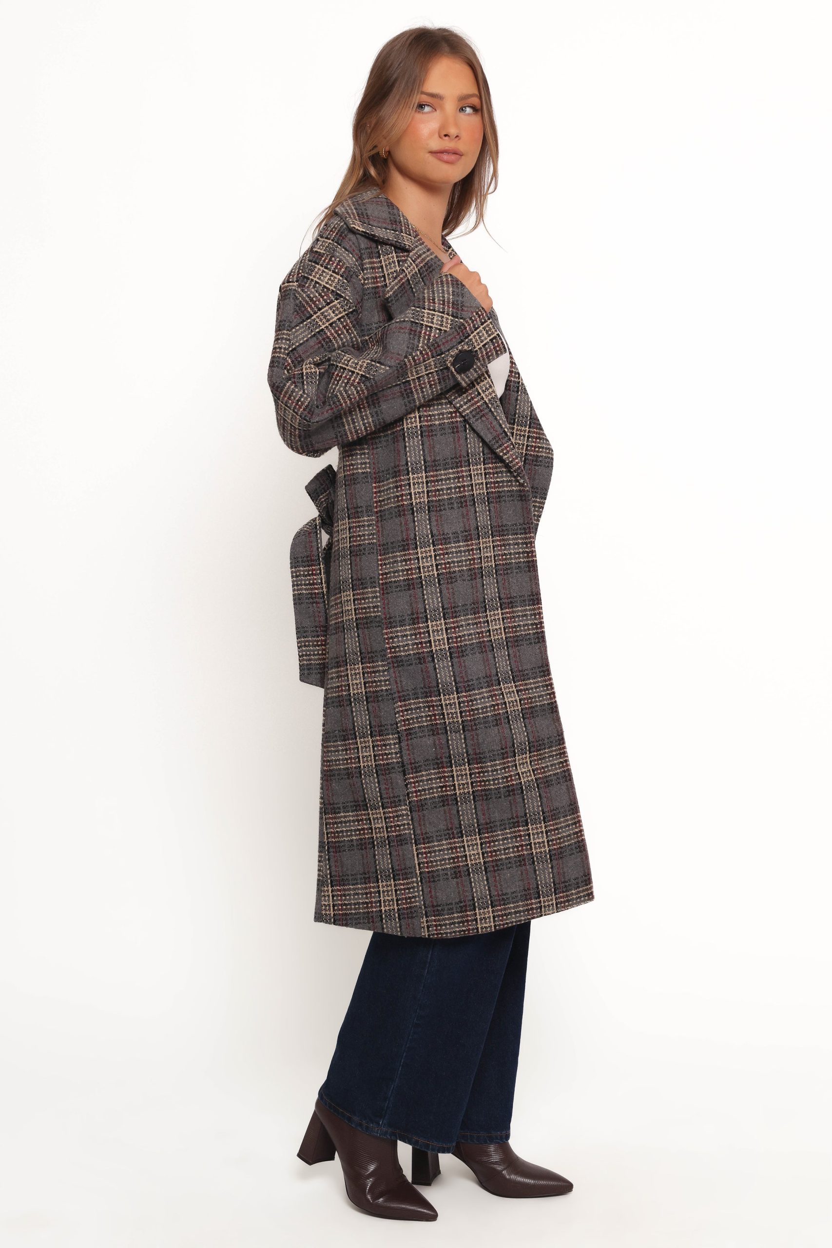Torie Waist Tie Long Coat - Grey Check - Image 7