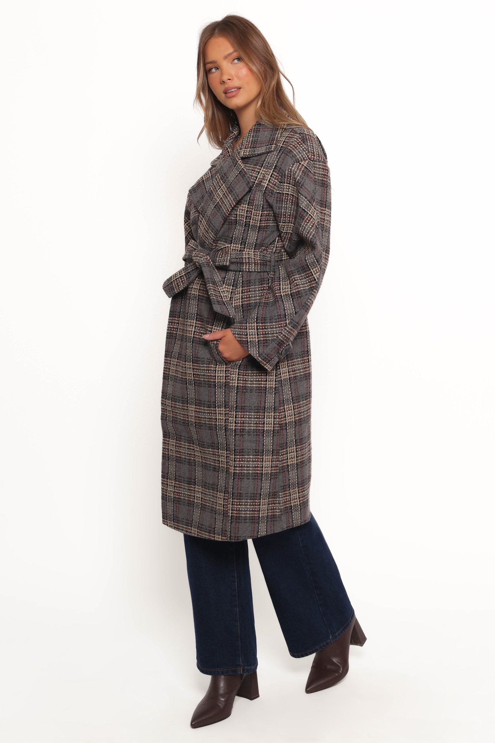 Torie Waist Tie Long Coat - Grey Check - Image 9
