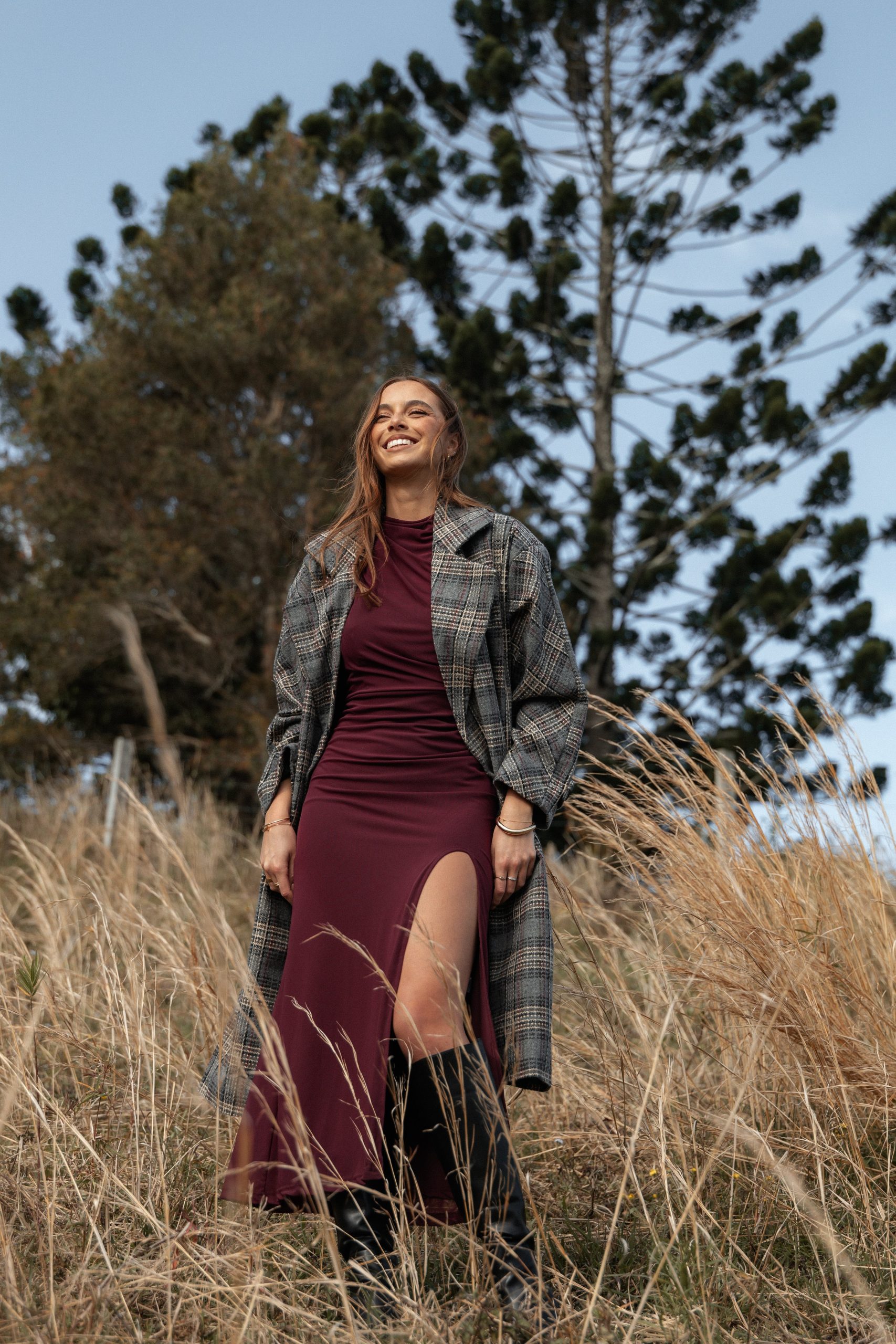 Torie Waist Tie Long Coat - Grey Check - Image 2