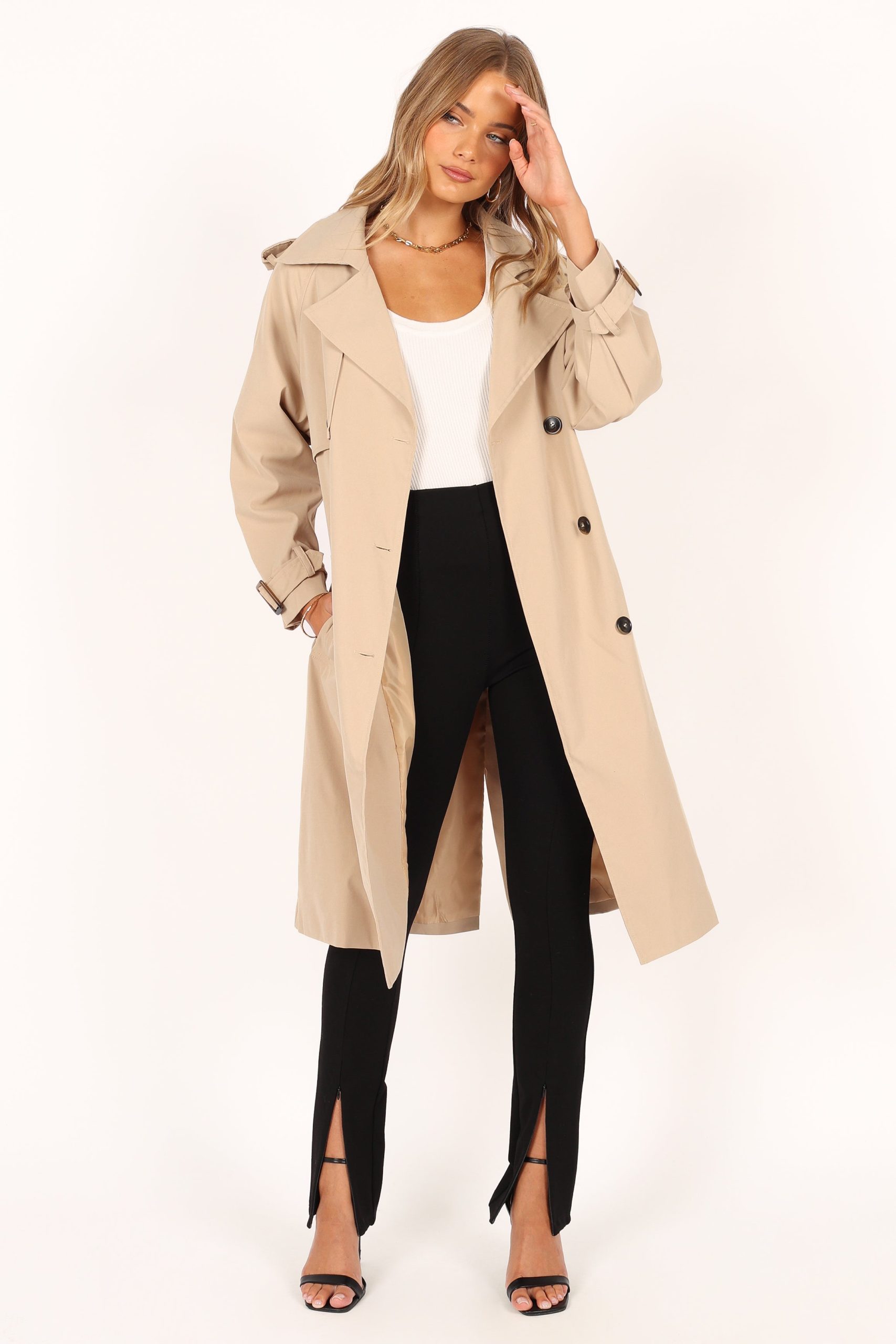 Trina Button Front Trench Coat - Beige - Image 4