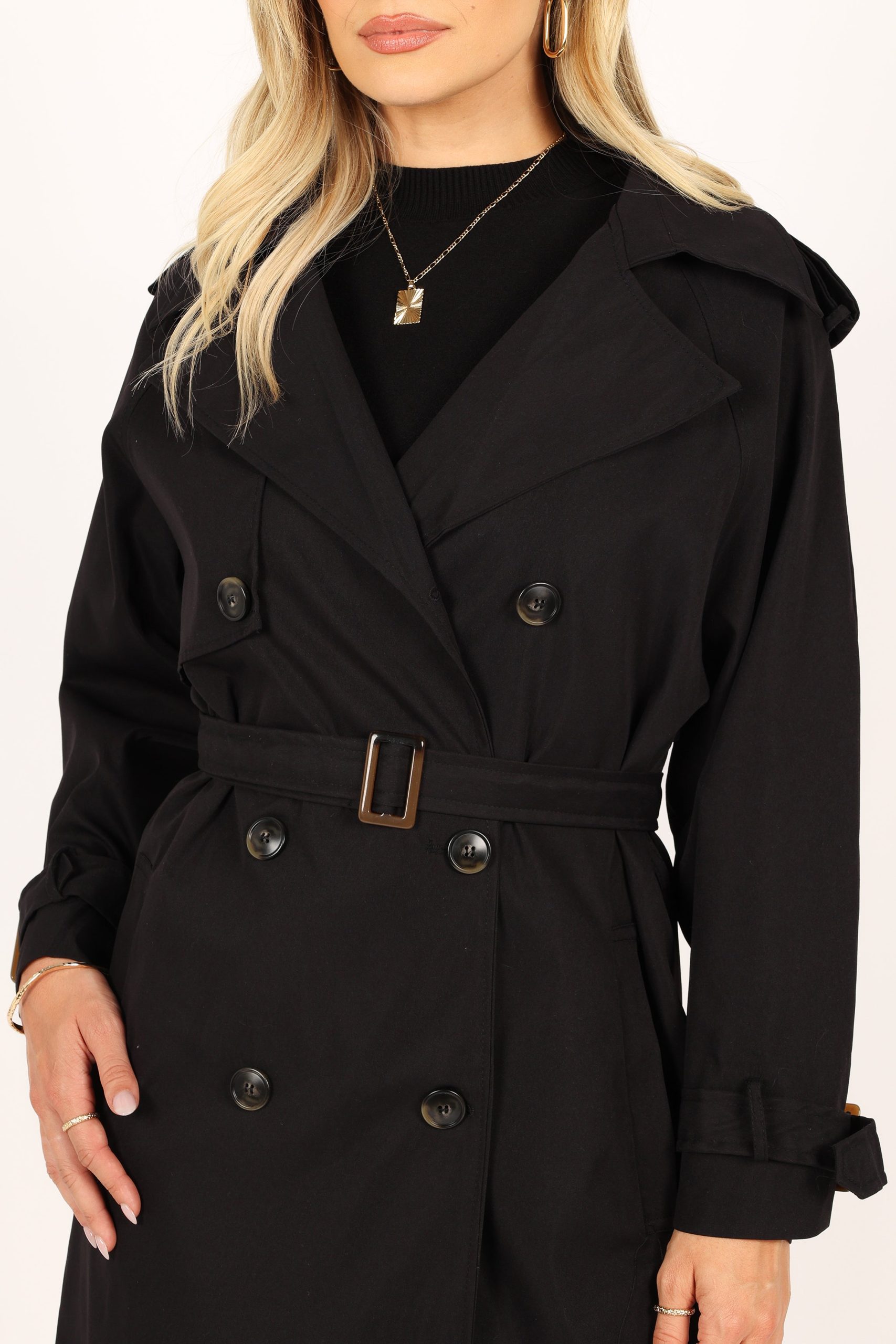 Trina Button Front Trench Coat - Black - Image 2