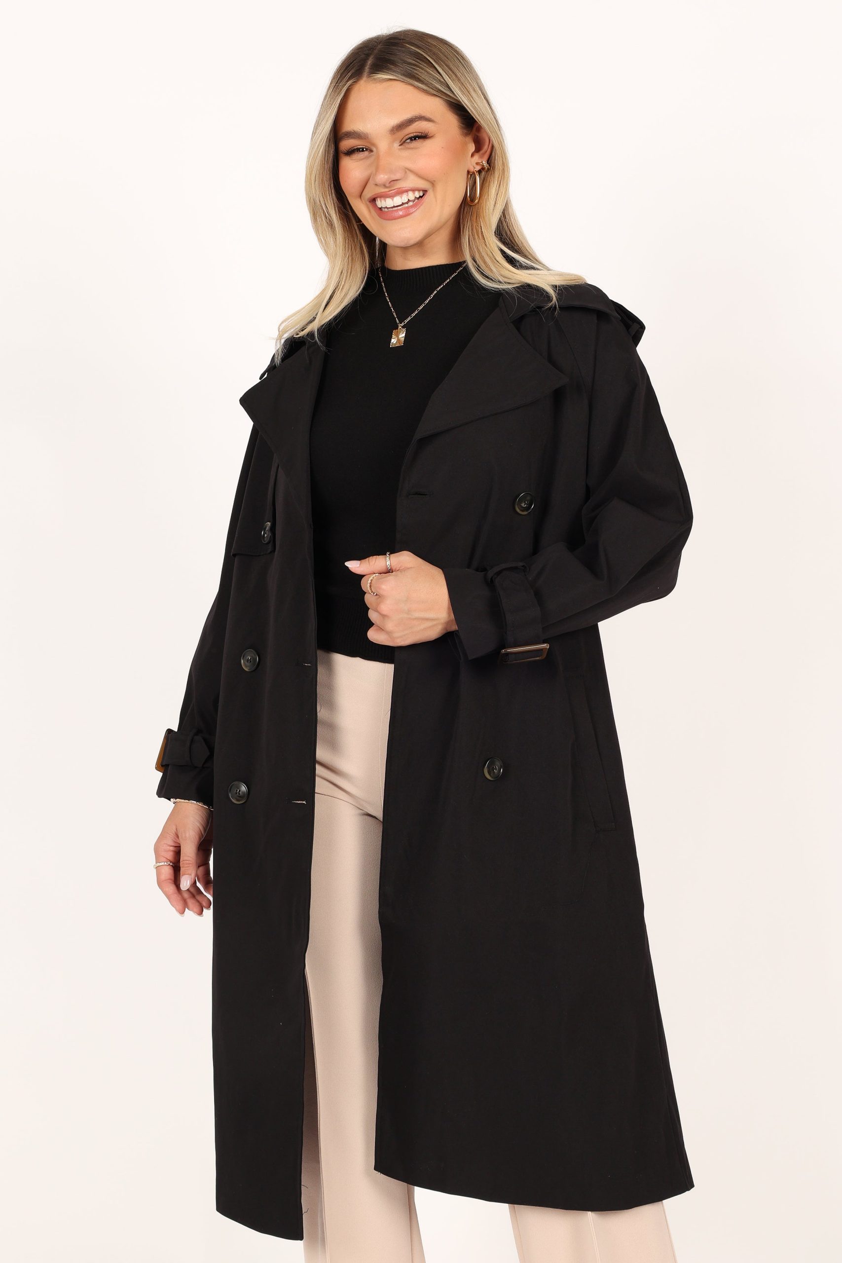 Trina Button Front Trench Coat - Black - Image 9