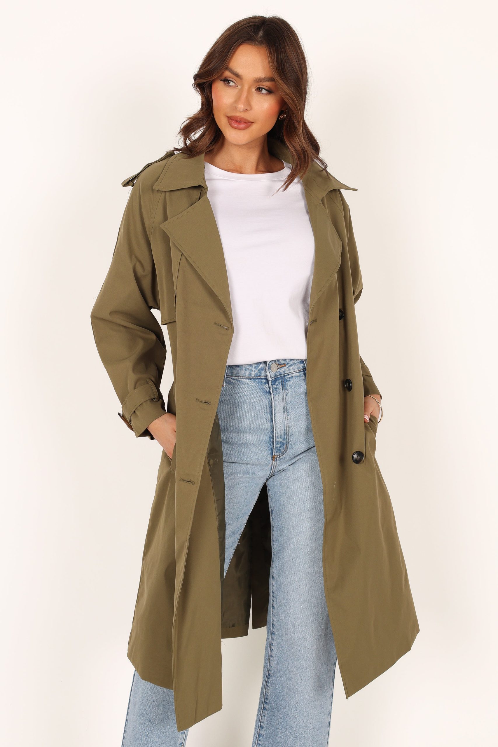 Trina Button Front Trench Coat - Olive - Image 13