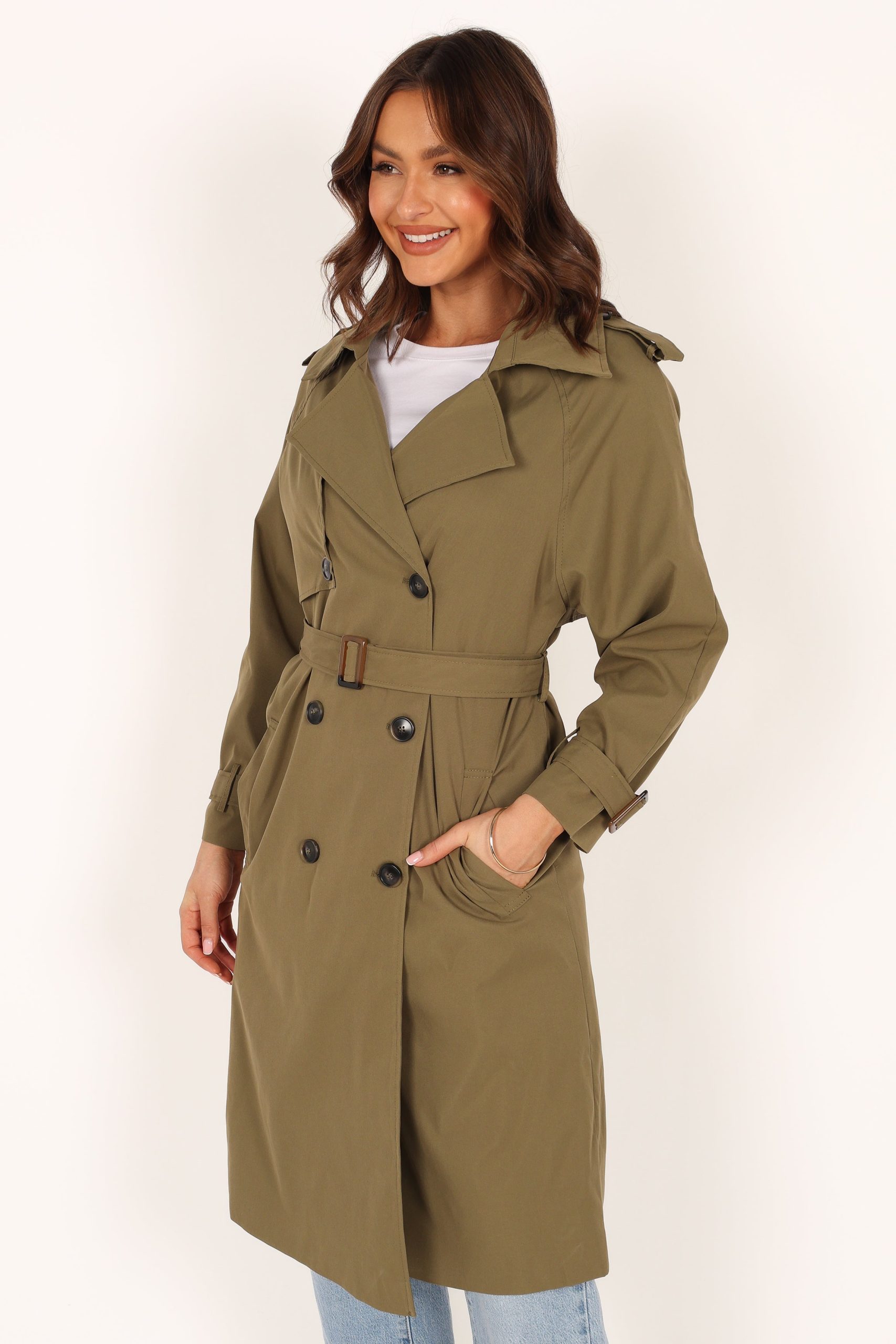Trina Button Front Trench Coat - Olive - Image 14