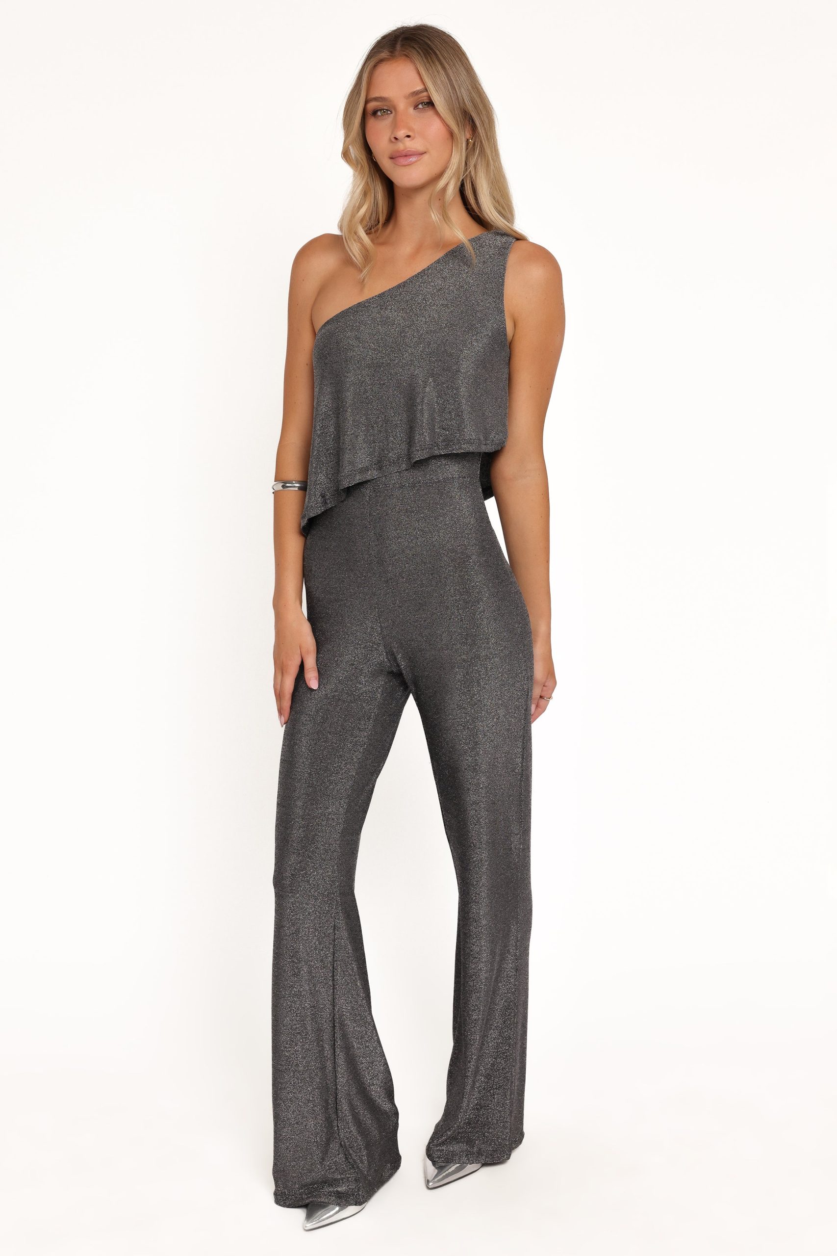 Anna One Shoulder Lurex Jumpsuit - Black Silver - Image 5