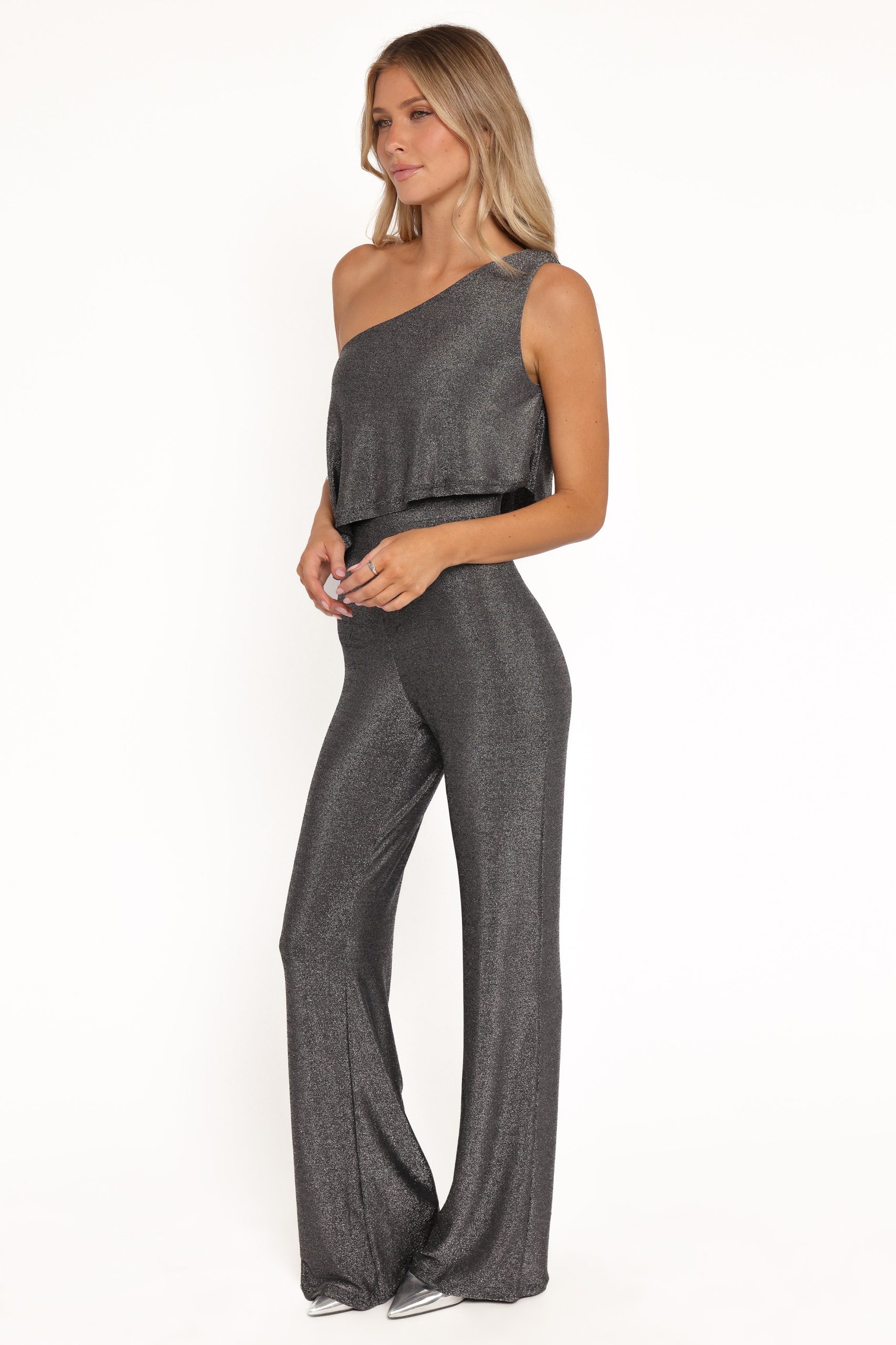 Anna One Shoulder Lurex Jumpsuit - Black Silver - Image 3