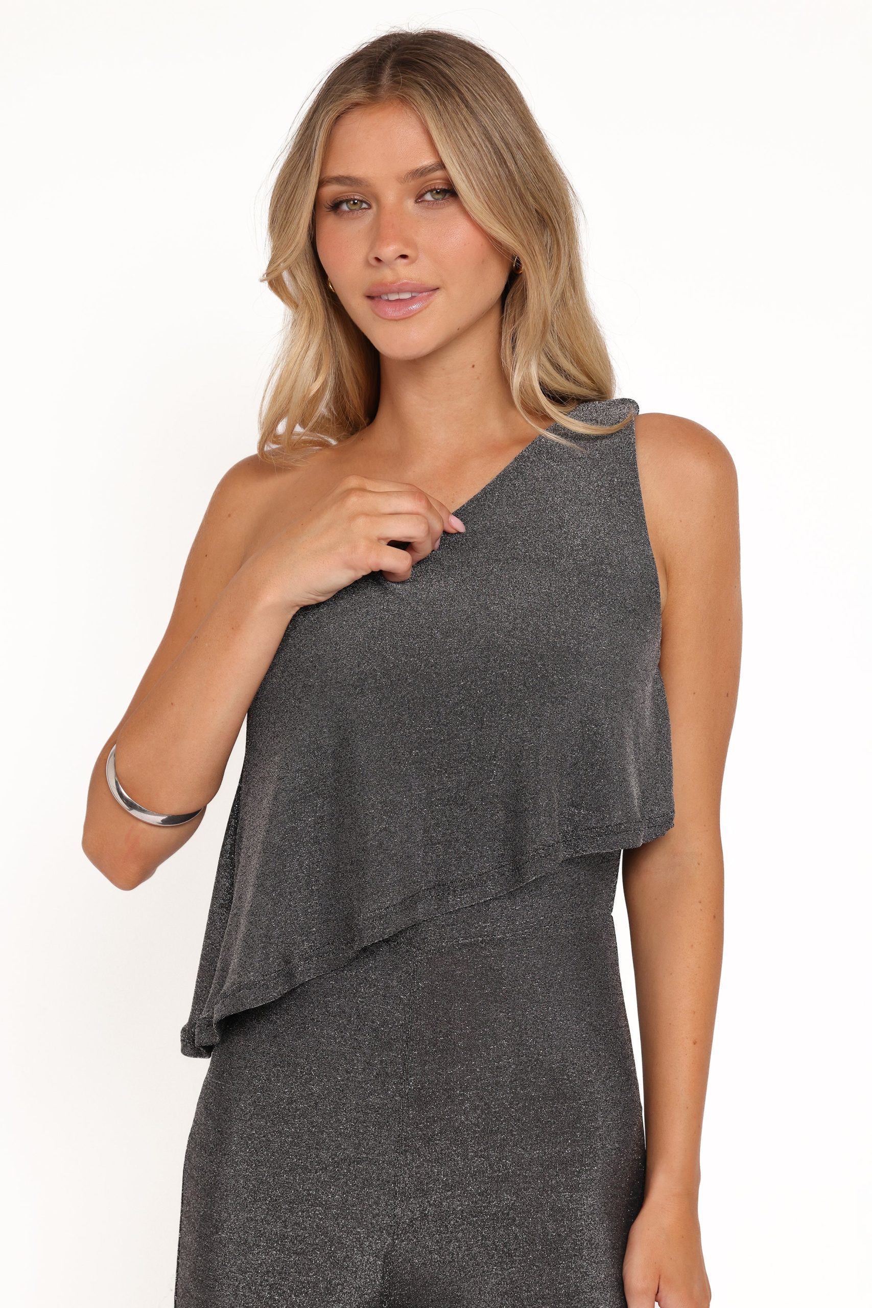 Anna One Shoulder Lurex Jumpsuit - Black Silver - Image 2