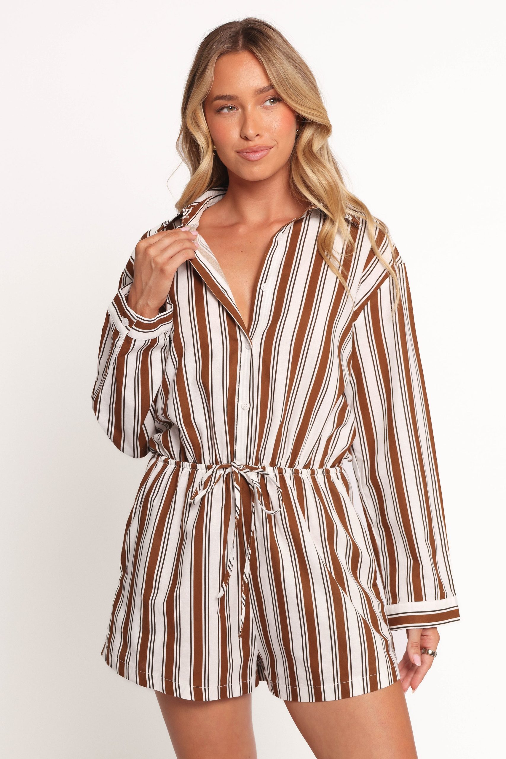 Beau Long Sleeve Romper - Chocolate Stripe - Image 2