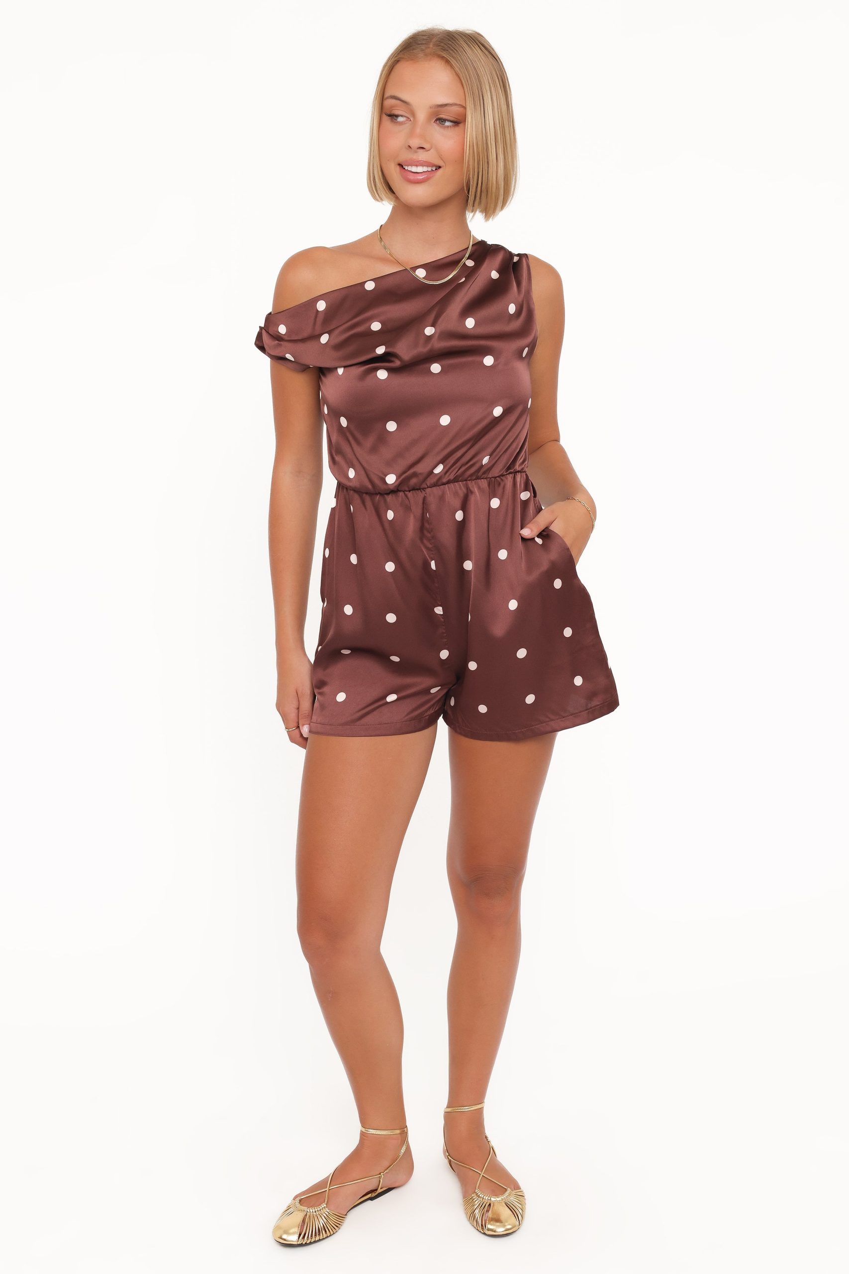 Cassidy One Shoulder Romper - Brown Polka Dot - Image 5