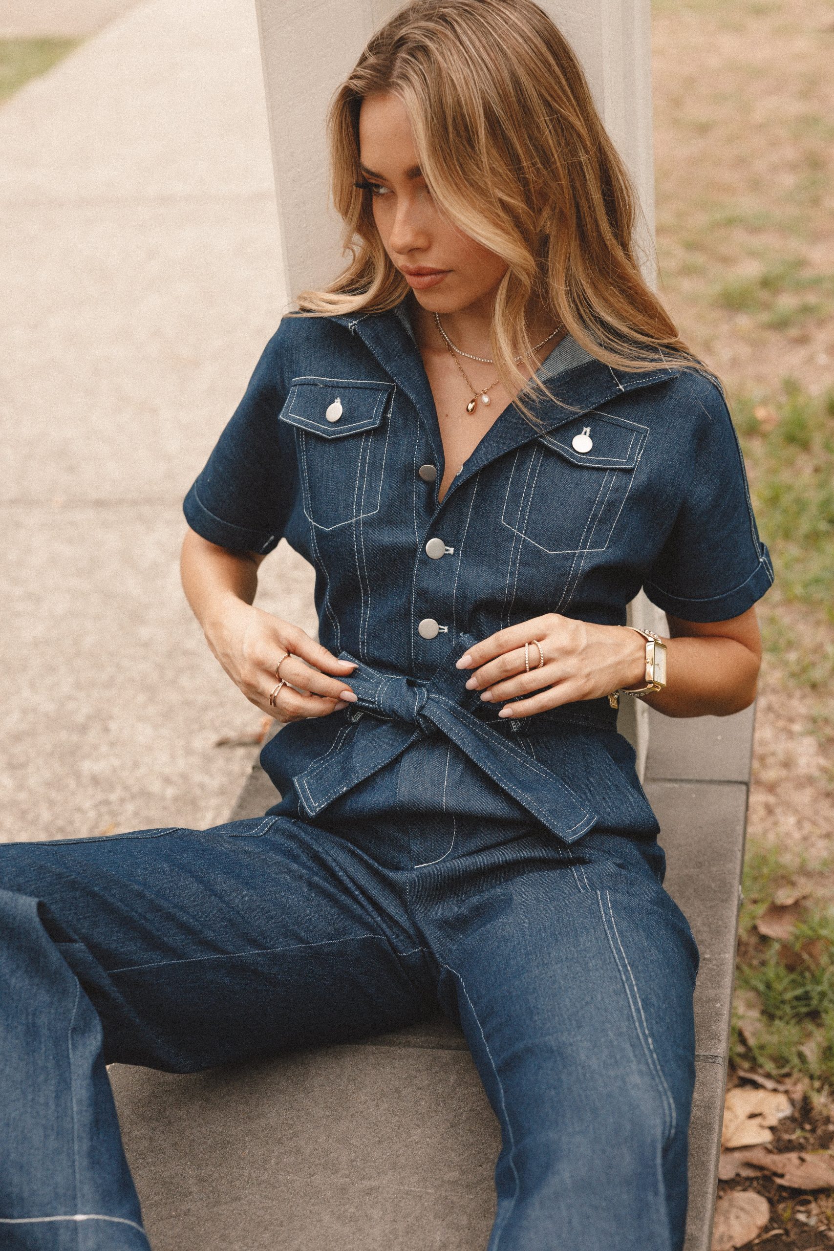 Demi Contrast Stitch Jumpsuit - Dark Denim - Image 2