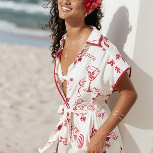 Kensie Tie Waist Romper - Red