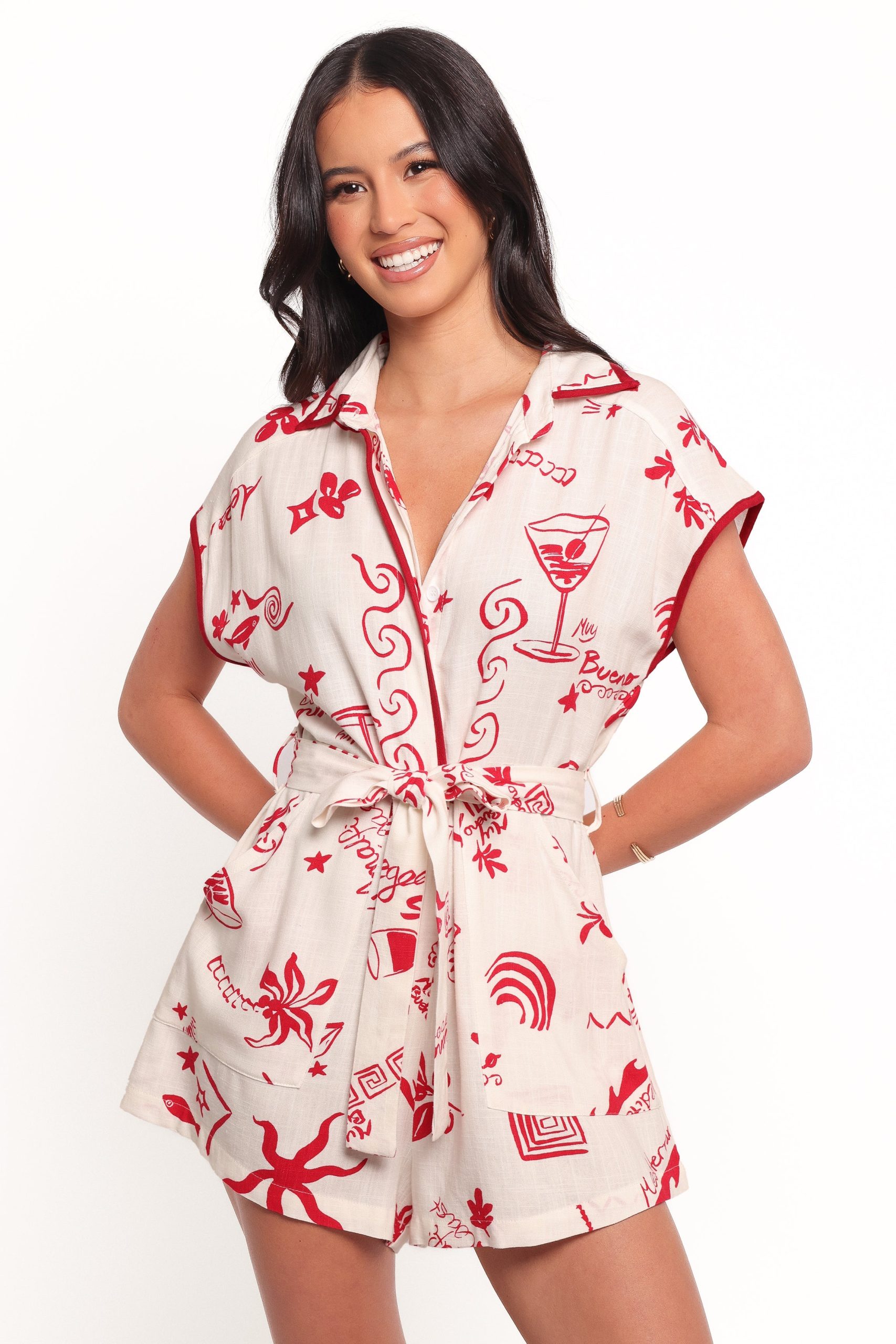 Kensie Tie Waist Romper - Red - Image 3