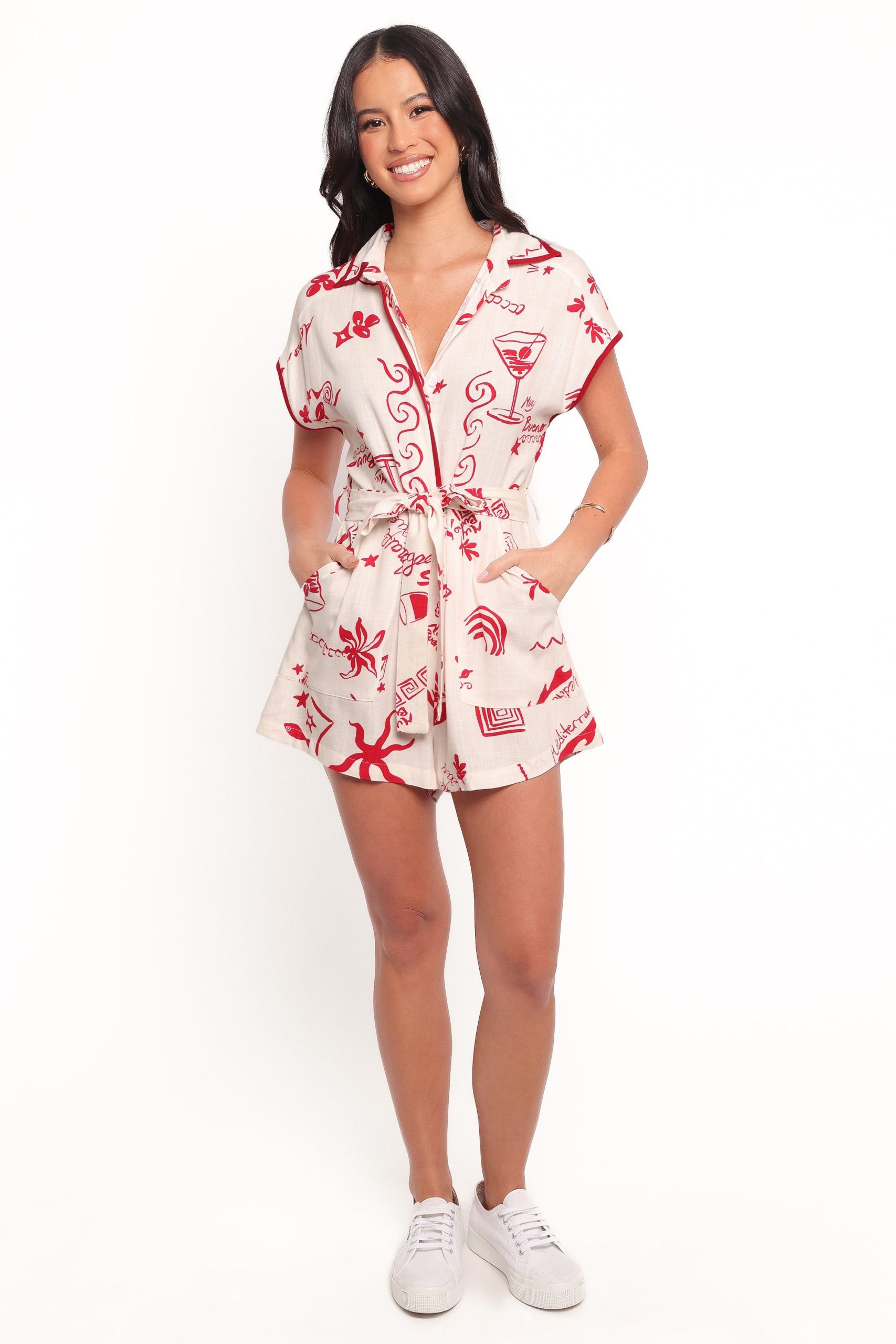 Kensie Tie Waist Romper - Red - Image 4