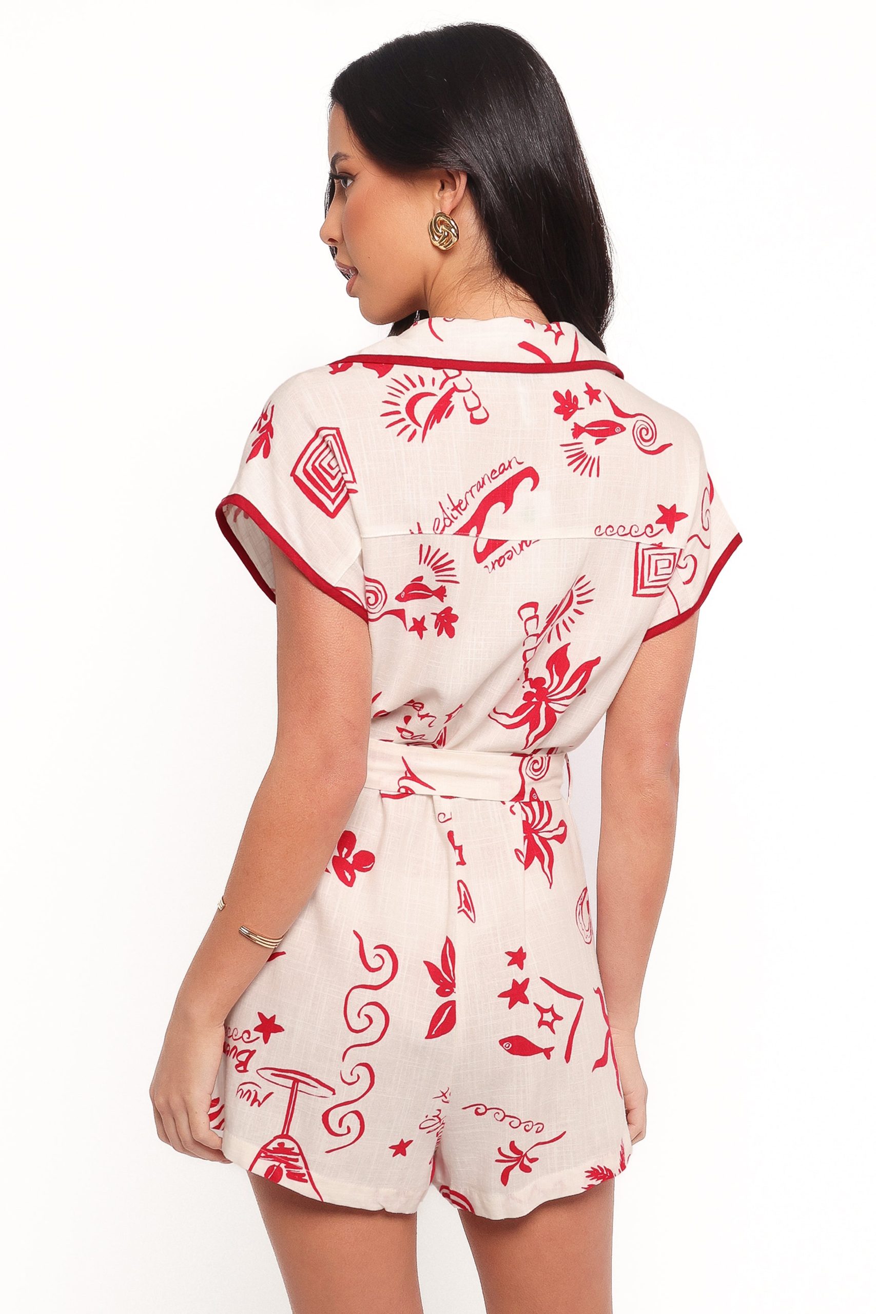 Kensie Tie Waist Romper - Red - Image 6