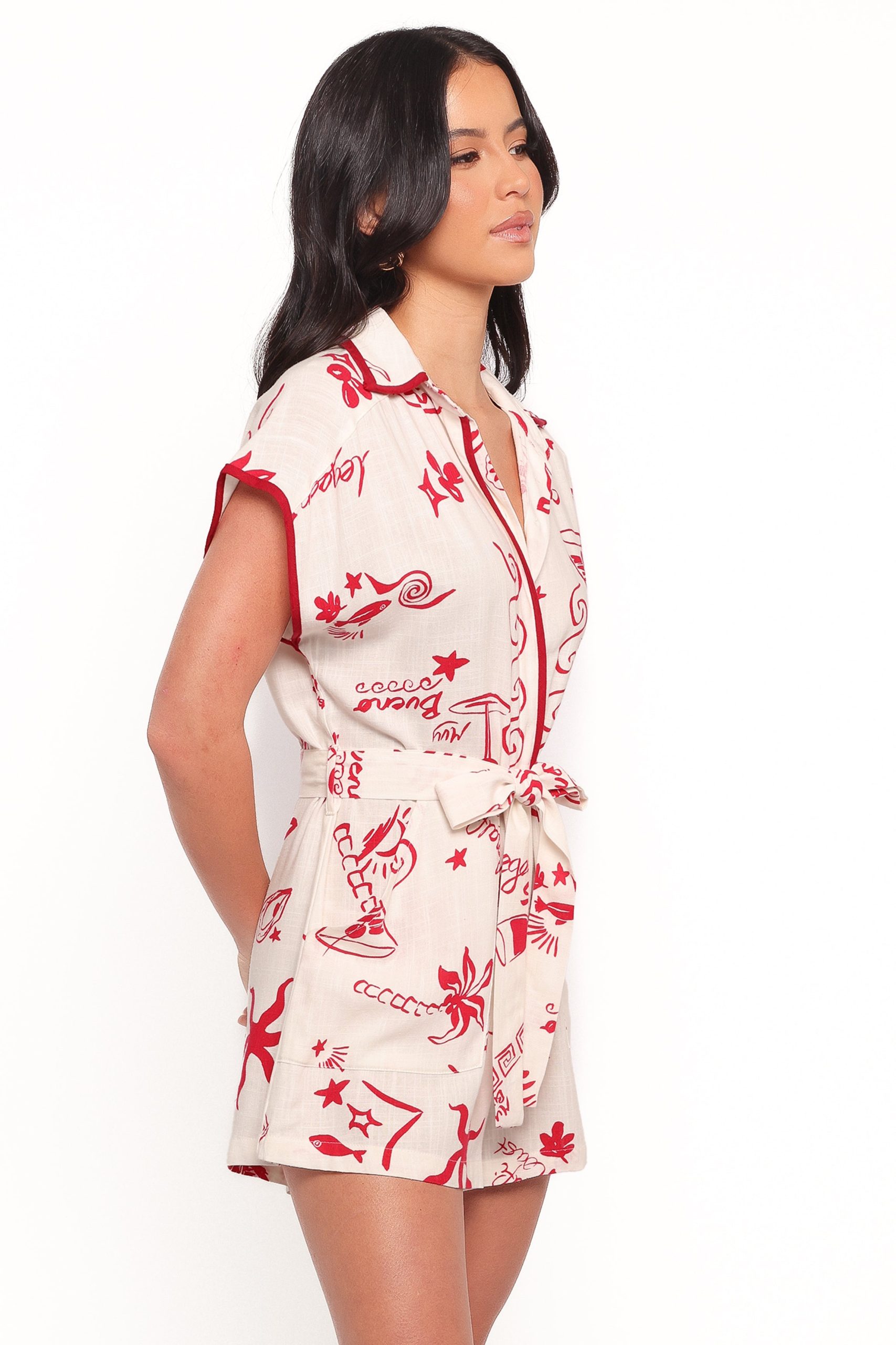 Kensie Tie Waist Romper - Red - Image 7