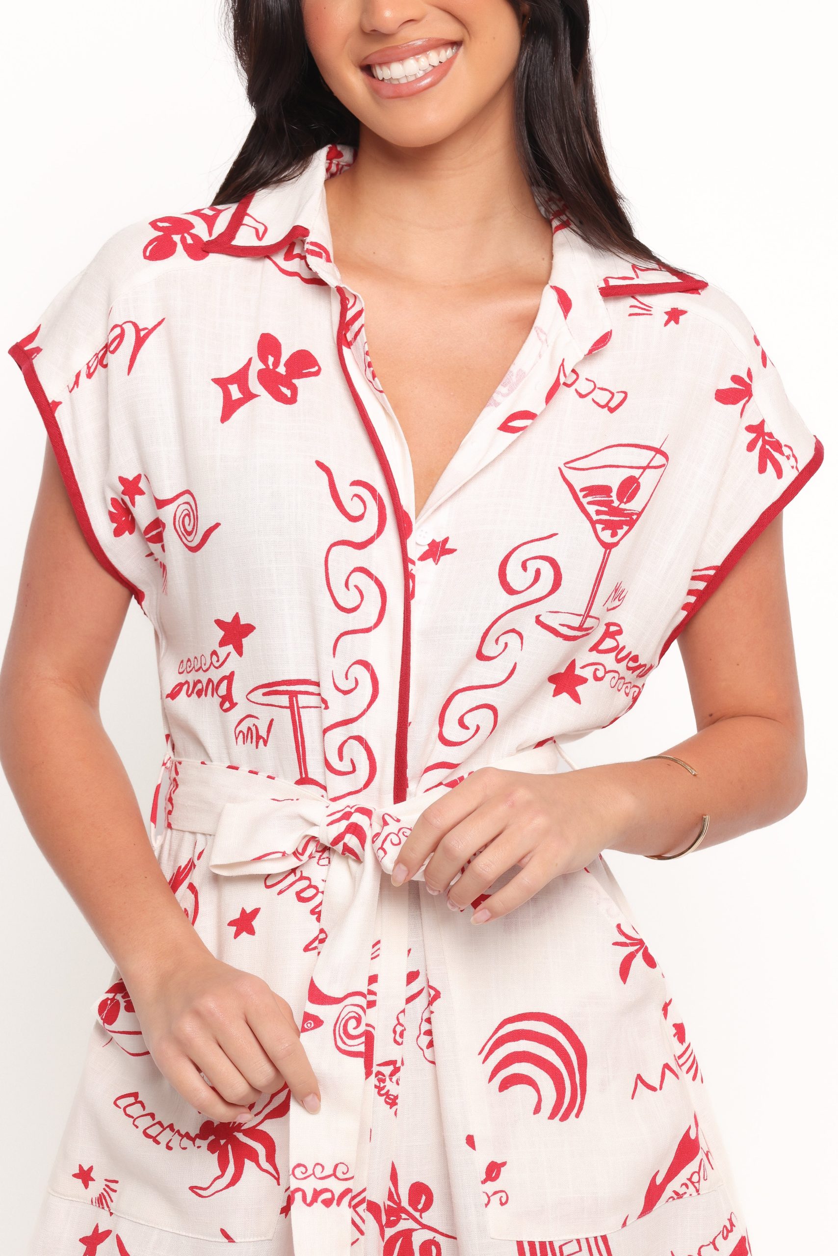 Kensie Tie Waist Romper - Red - Image 8