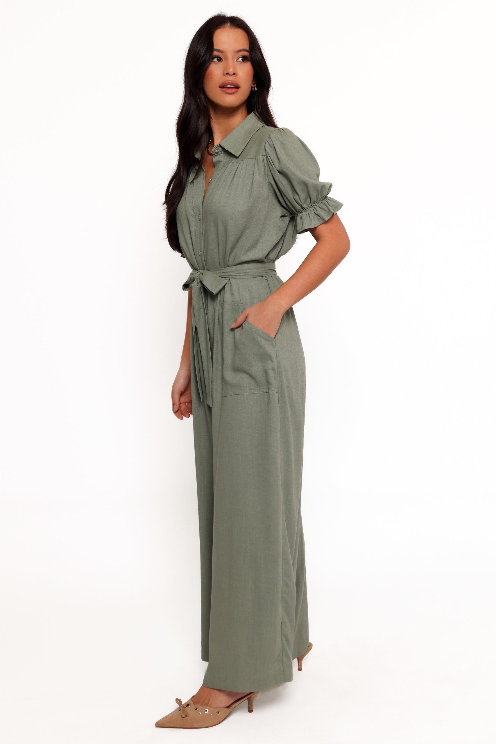 Minnie Waist Tie Jumpsuit - Olive - Image 3
