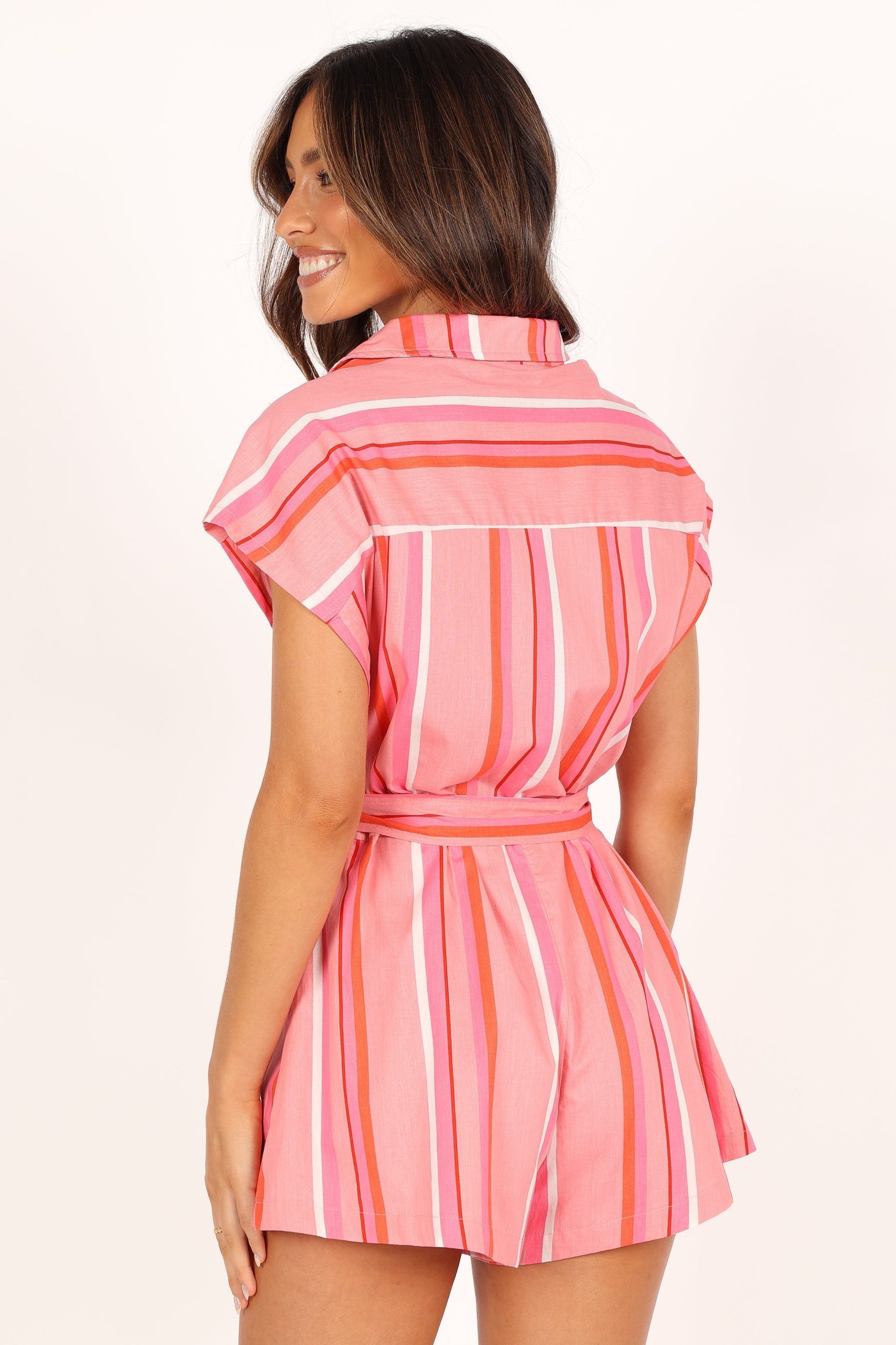 Addie Tie Waist Romper - Pink Stripe - Image 7
