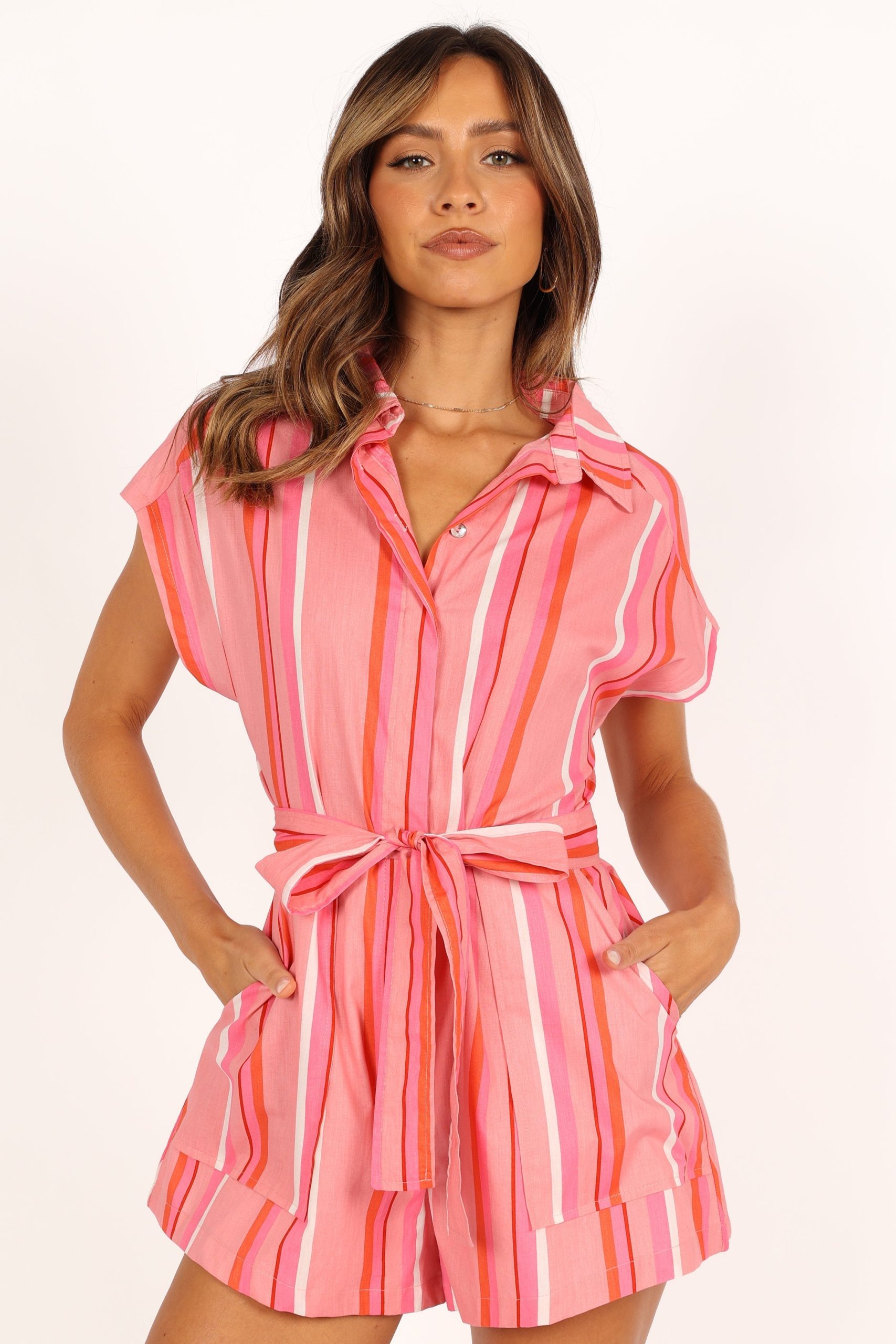 Addie Tie Waist Romper - Pink Stripe - Image 9