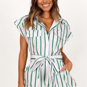 Addie Tie Waist Romper - White/Green
