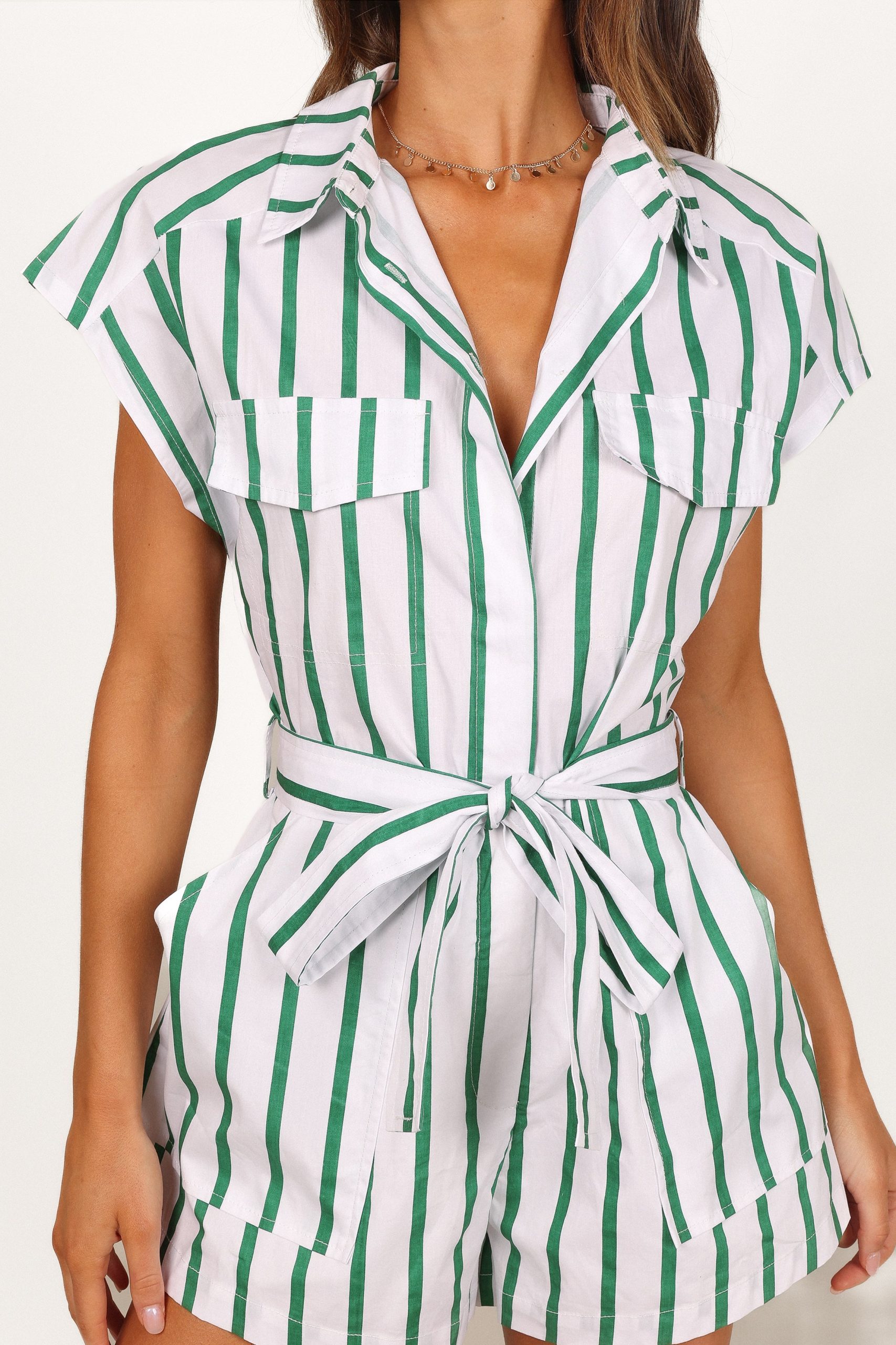 Addie Tie Waist Romper - White/Green - Image 6