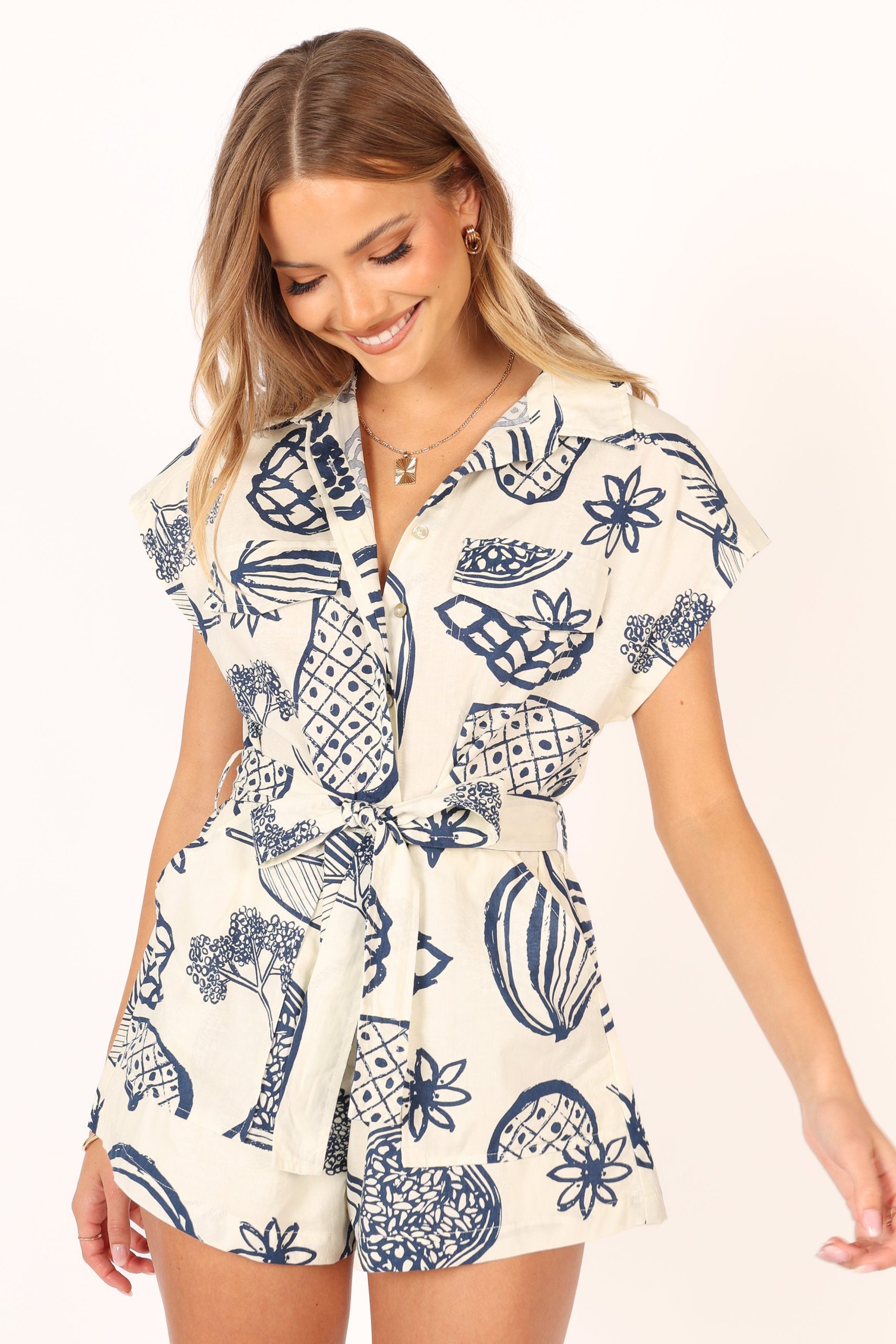 Georgina Tie Waist Romper - Navy - Image 3