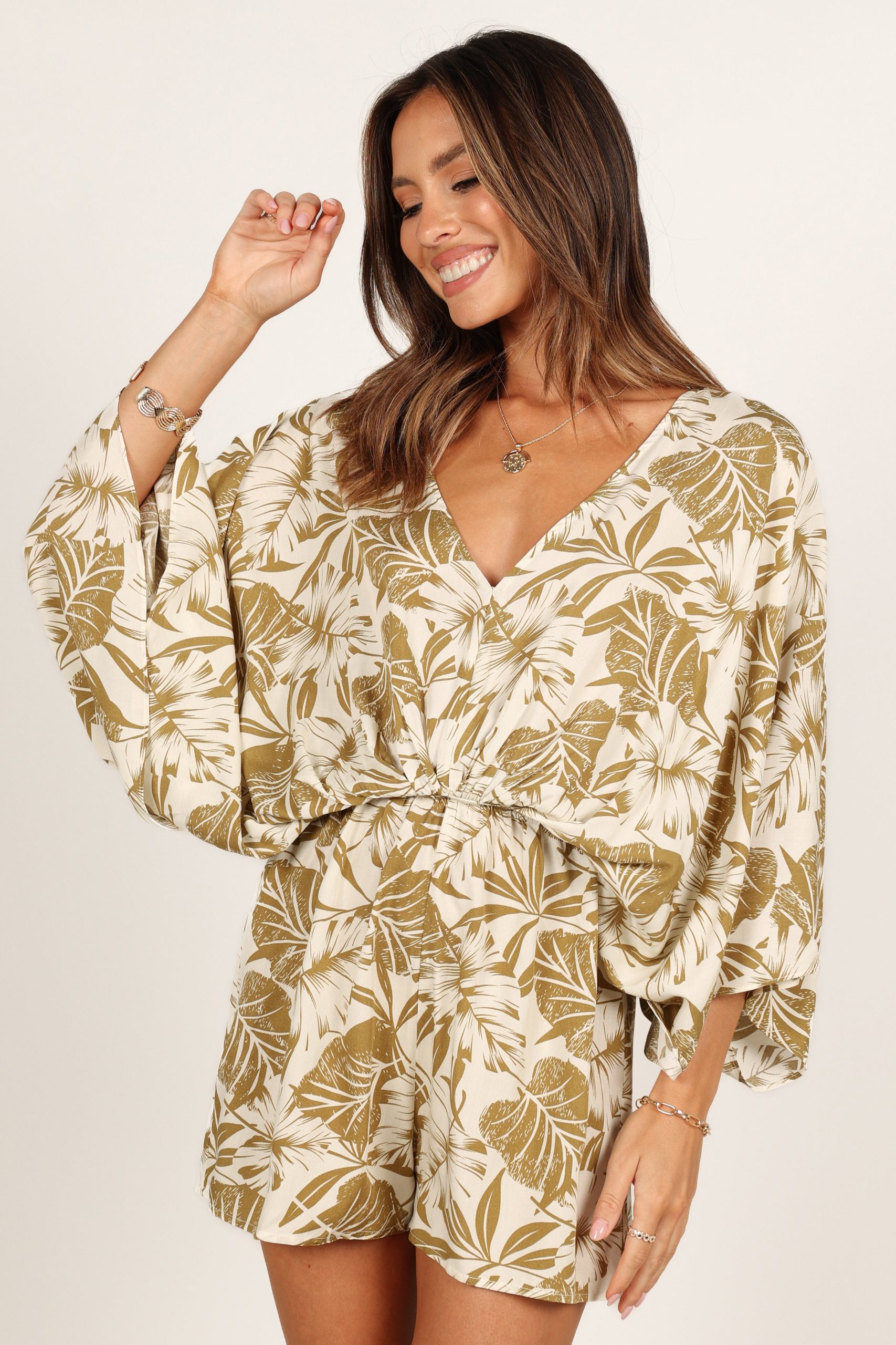 Willa Kimono Sleeve Romper - Olive - Image 2