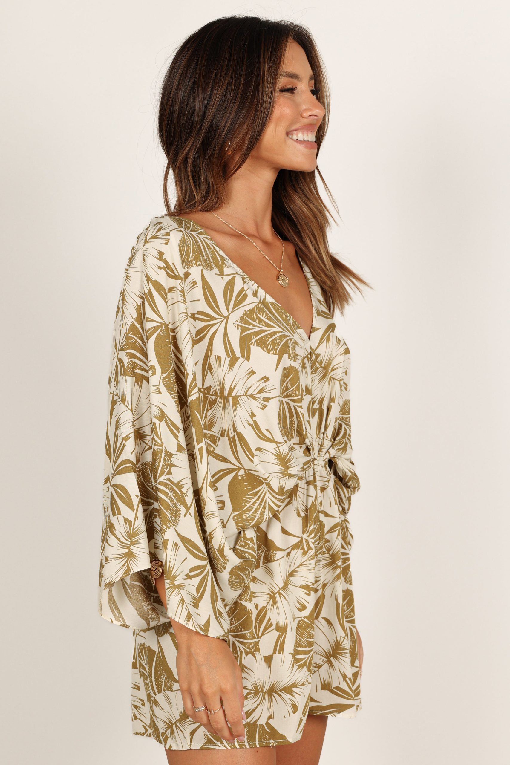 Willa Kimono Sleeve Romper - Olive - Image 7
