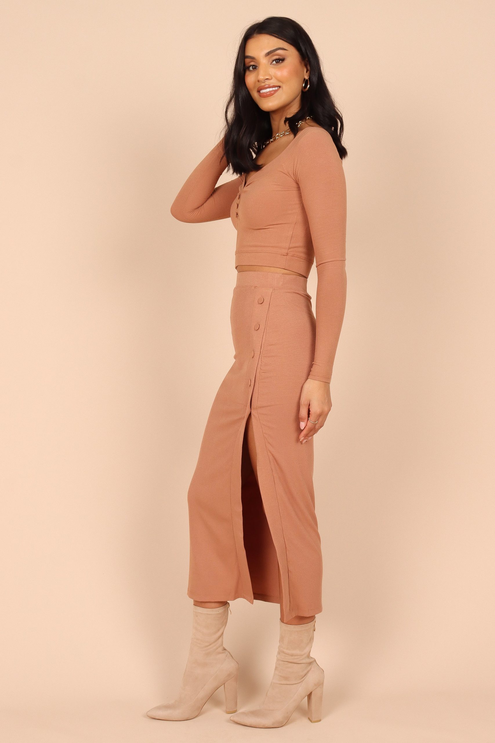 Amara Button Detail Set - Dusty Brown - Image 4