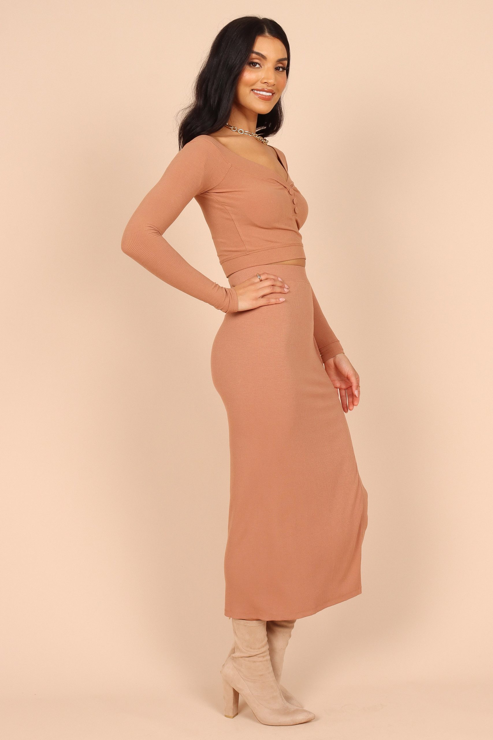 Amara Button Detail Set - Dusty Brown - Image 6