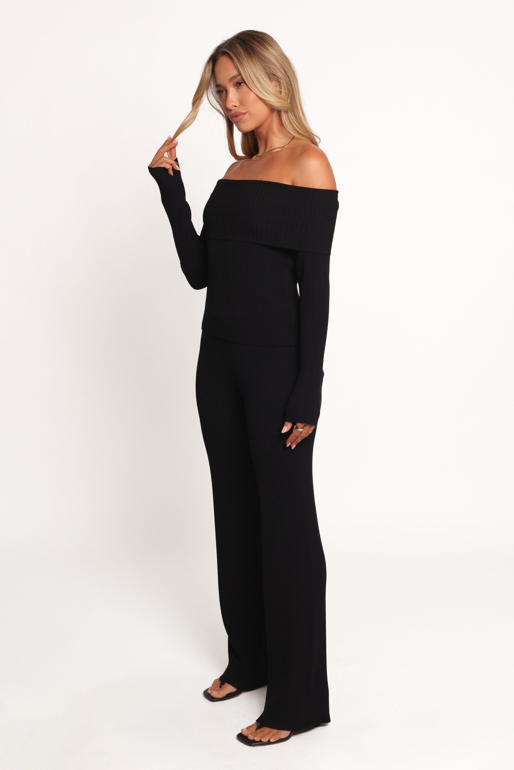 Gindie Ribbed Knit Off The Shoulder Pant Set - Black - Image 4