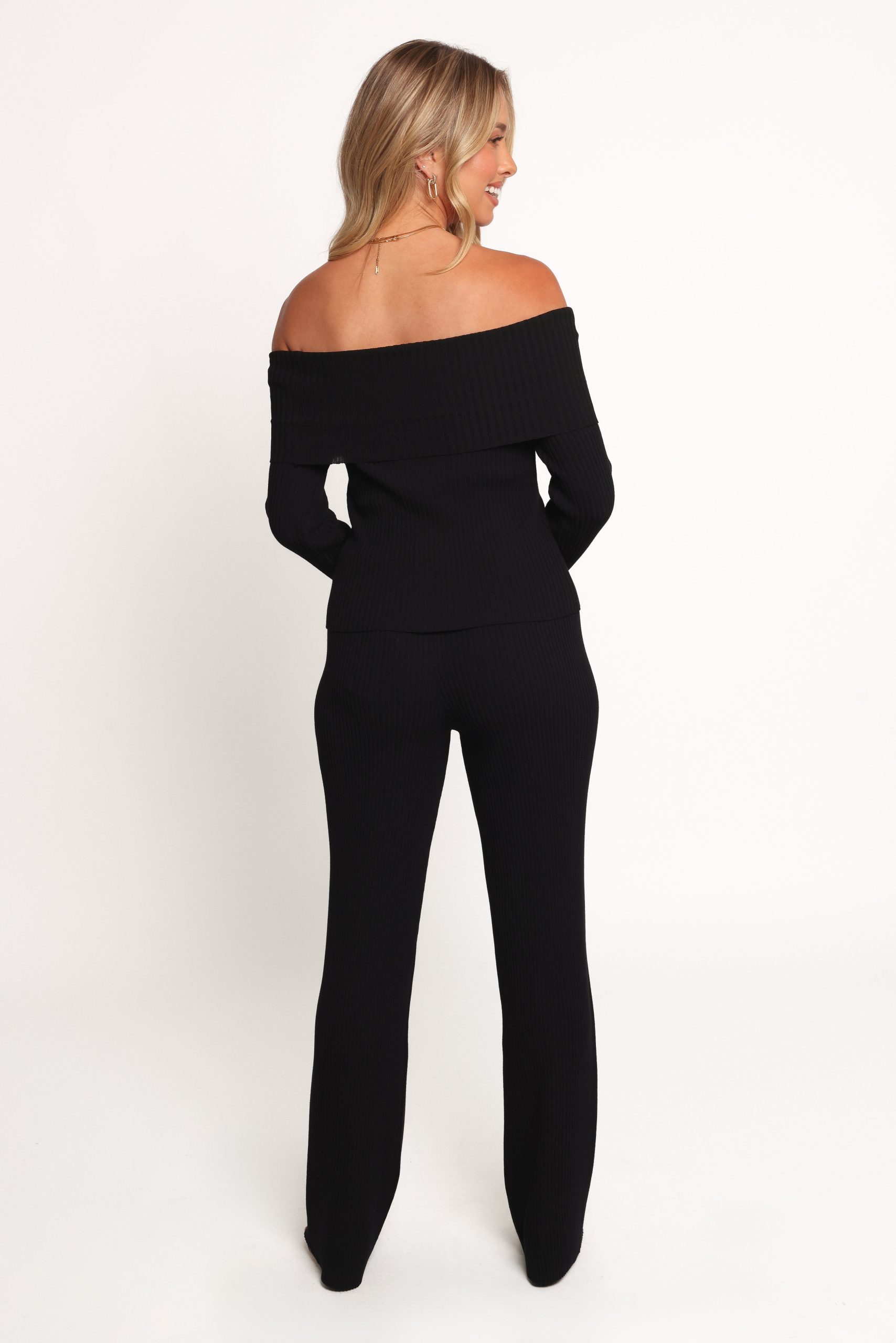 Gindie Ribbed Knit Off The Shoulder Pant Set - Black - Image 5