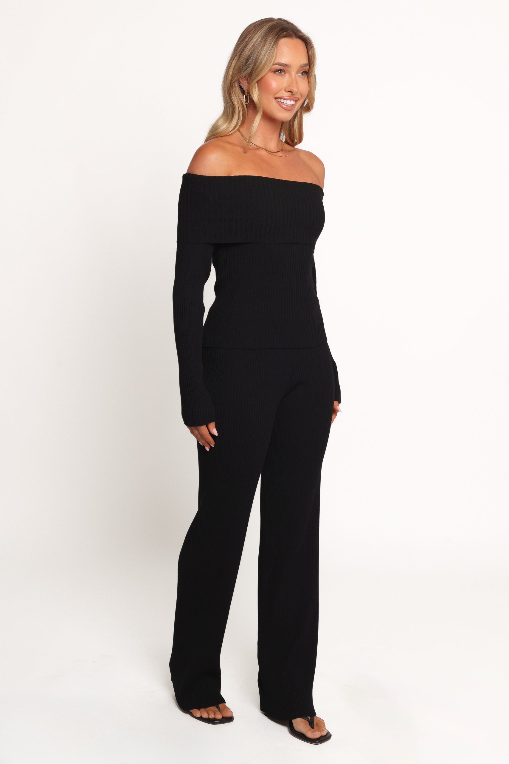 Gindie Ribbed Knit Off The Shoulder Pant Set - Black - Image 6