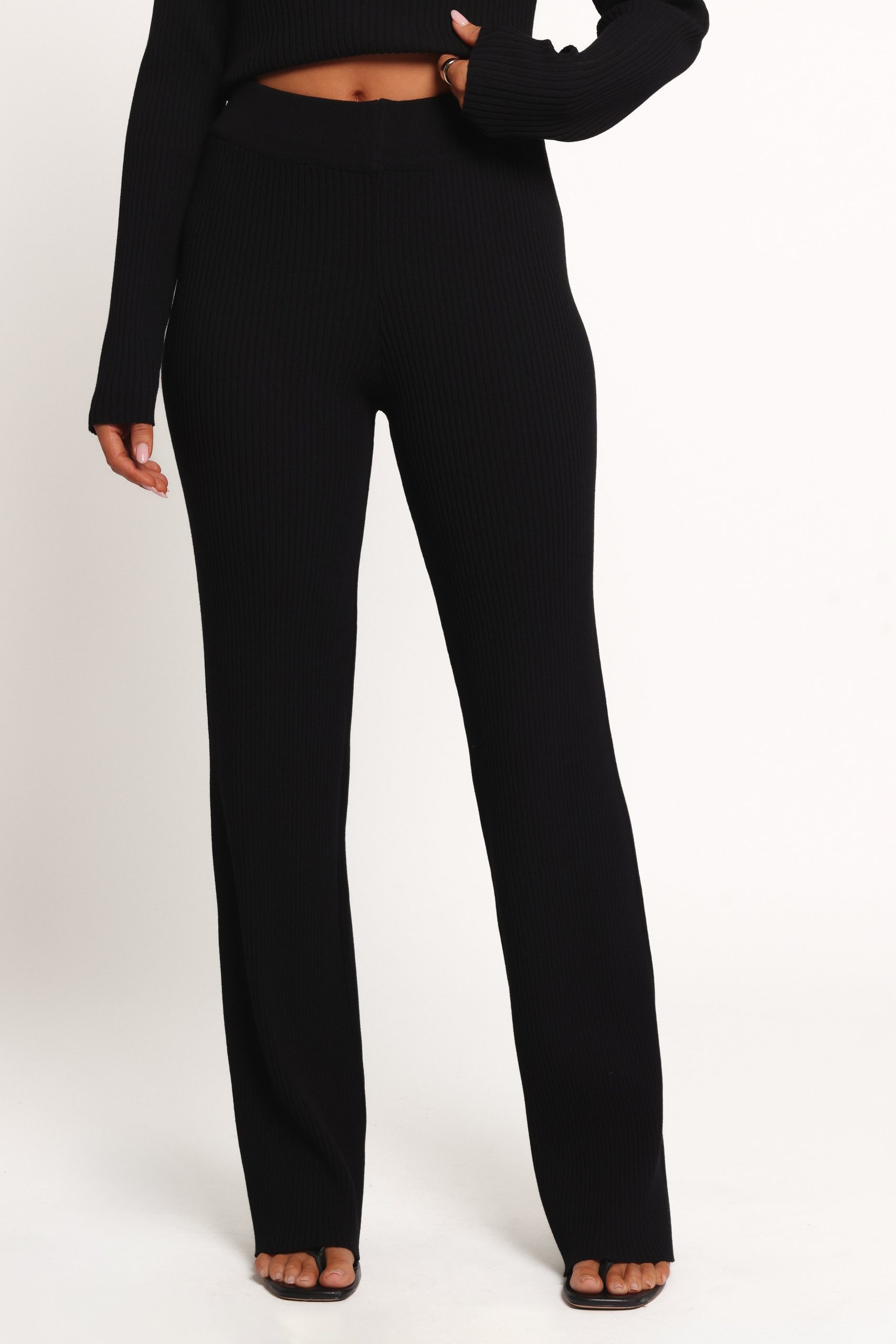 Gindie Ribbed Knit Off The Shoulder Pant Set - Black - Image 3