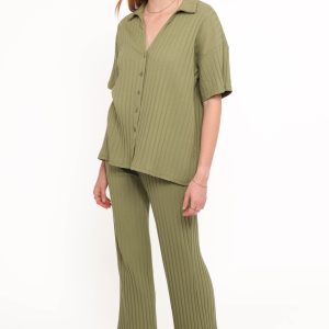 Phillipa Wide Ribbed Shirt Set - Olive