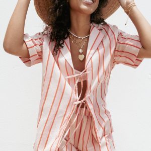 Aaliyah Tie Front Top - Pink Stripe