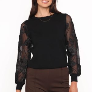 Cailin Sheer Sleeve Top - Black