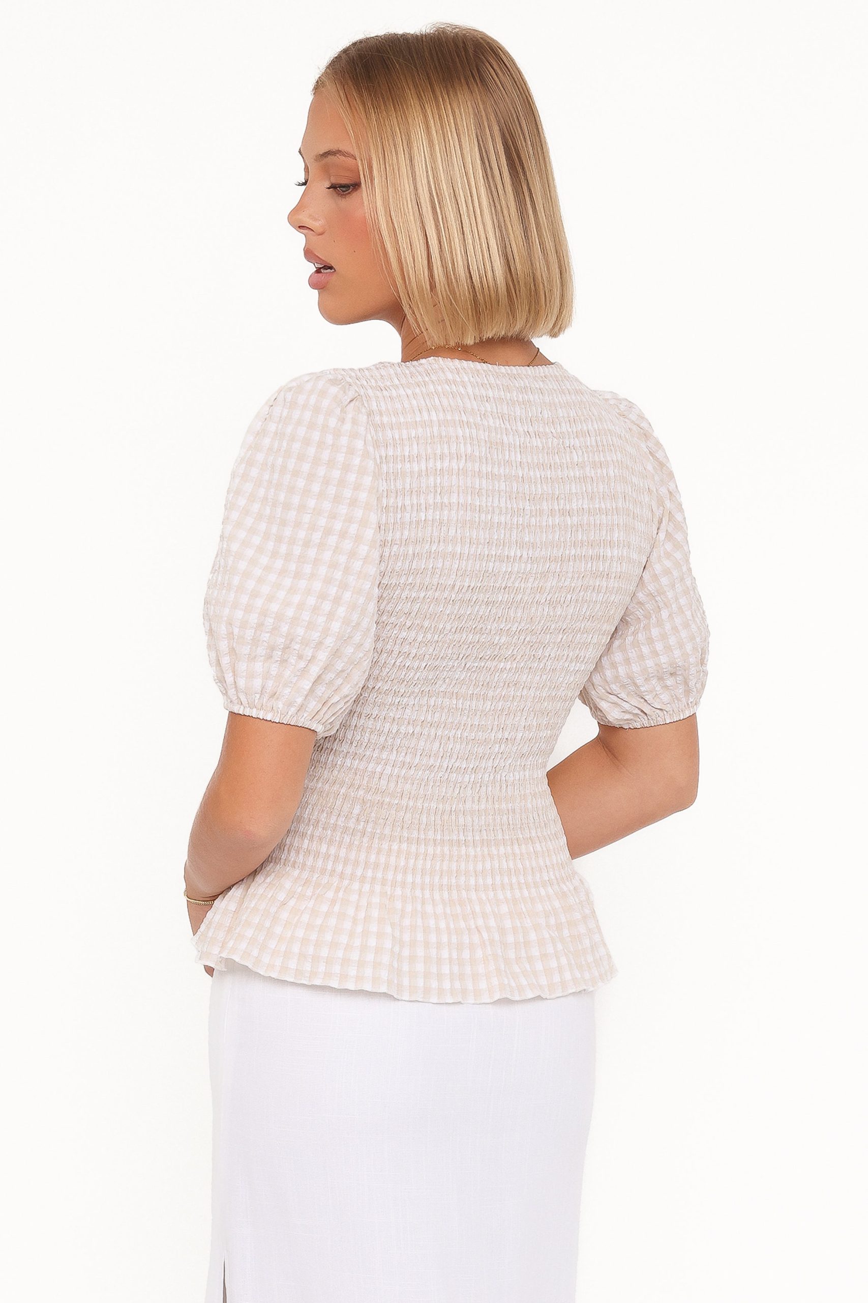 Callista Shirred Waist Top - Beige Gingham - Image 5