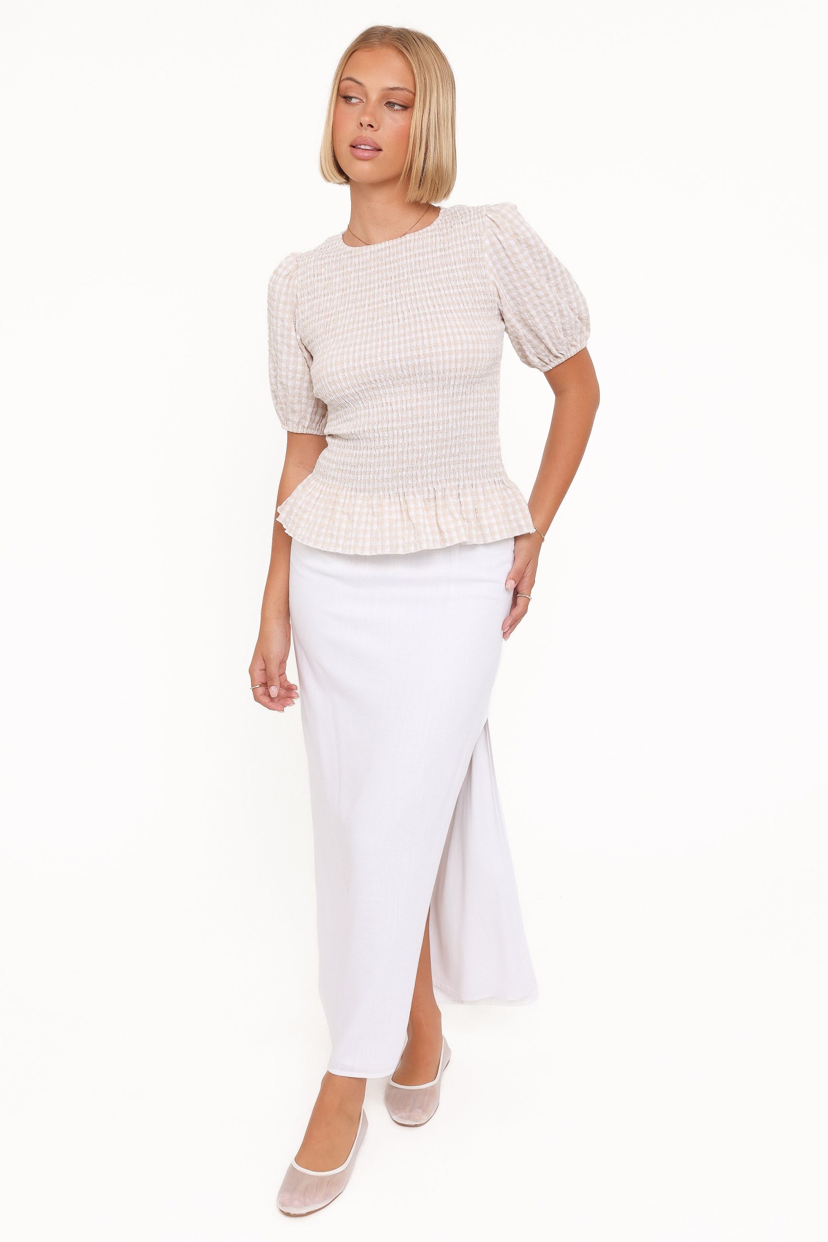 Callista Shirred Waist Top - Beige Gingham - Image 6
