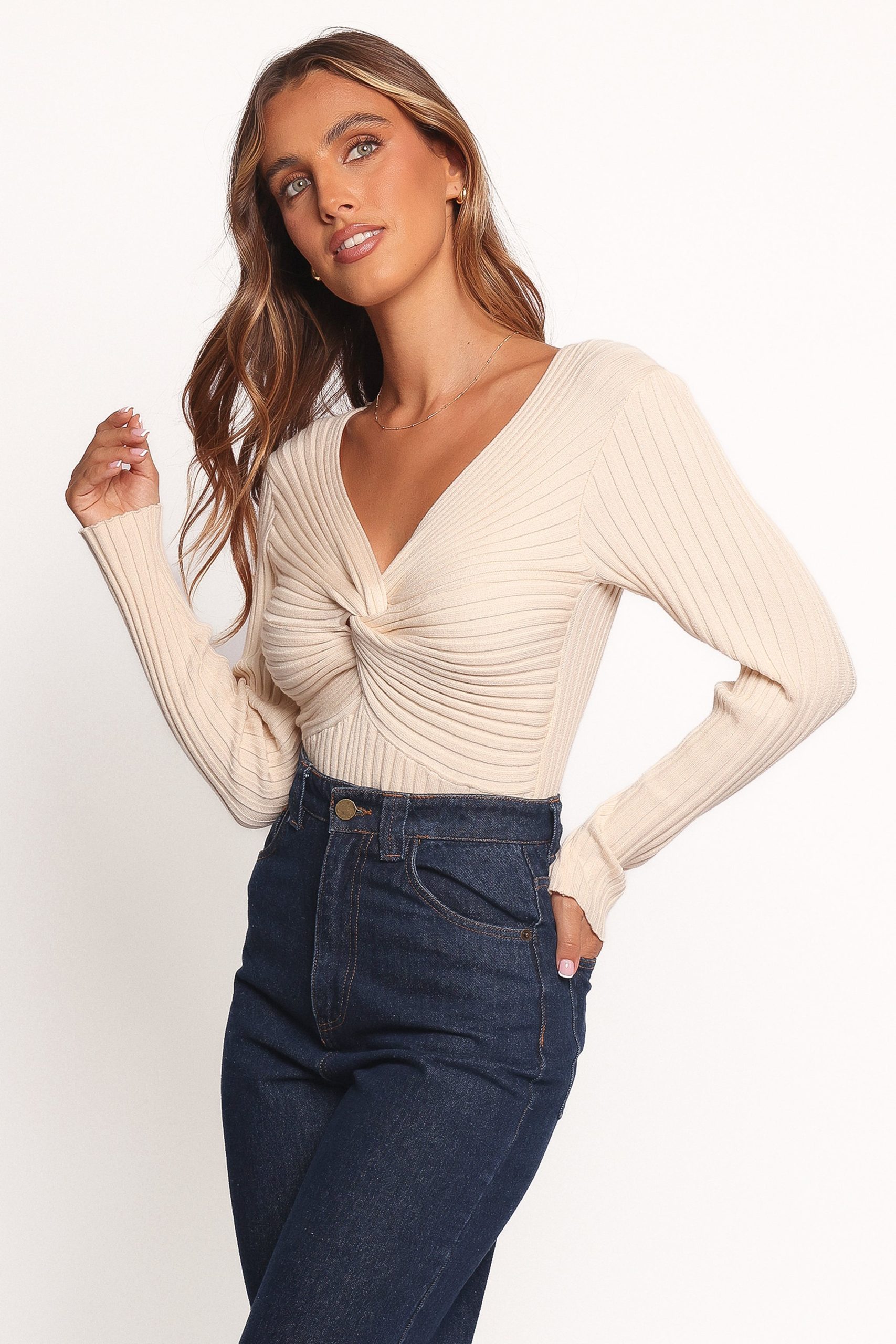 Demi Twist Detail Knit Top - Cream - Image 4