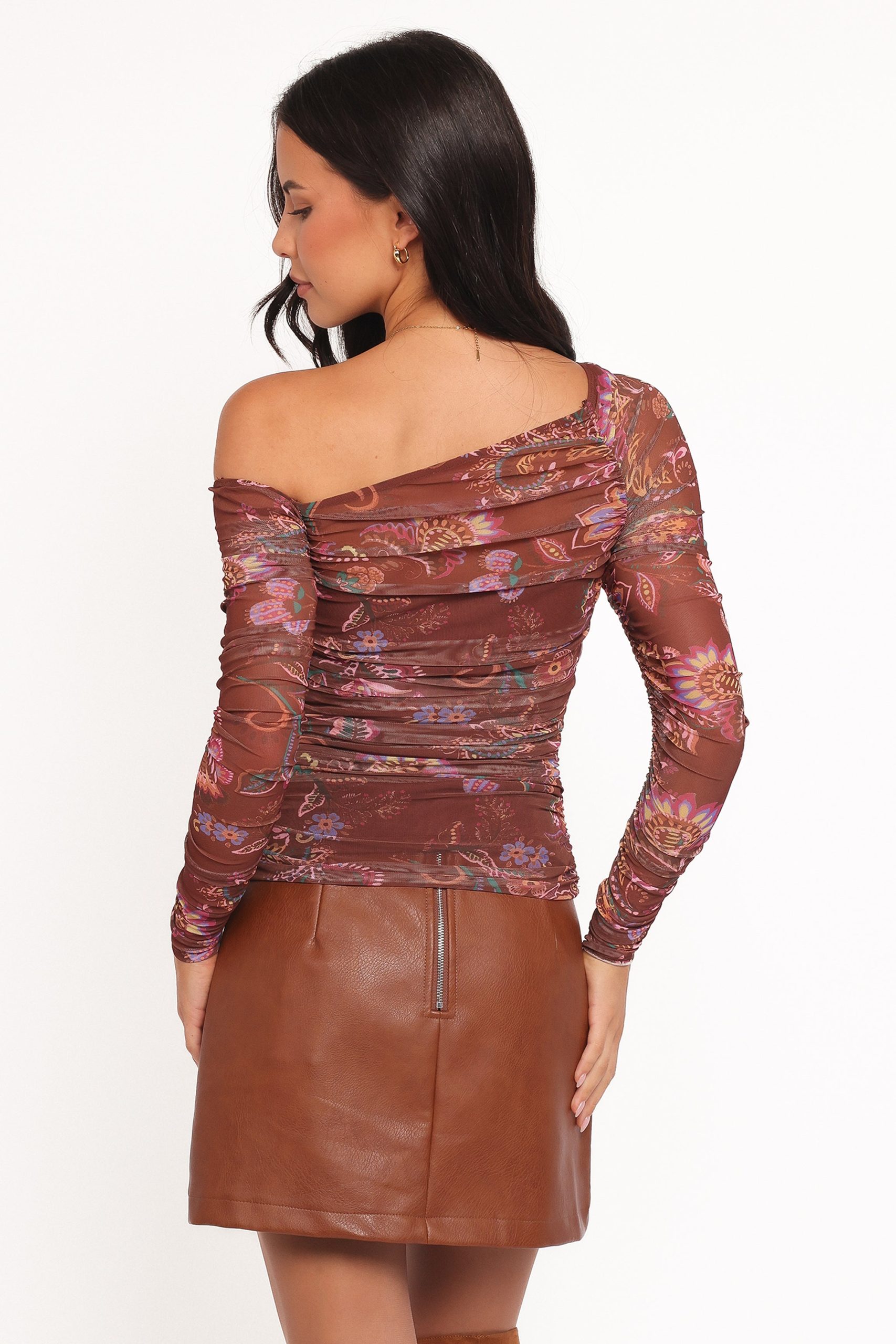Elfrida Off Shoulder Mesh Top - Brown Floral - Image 4