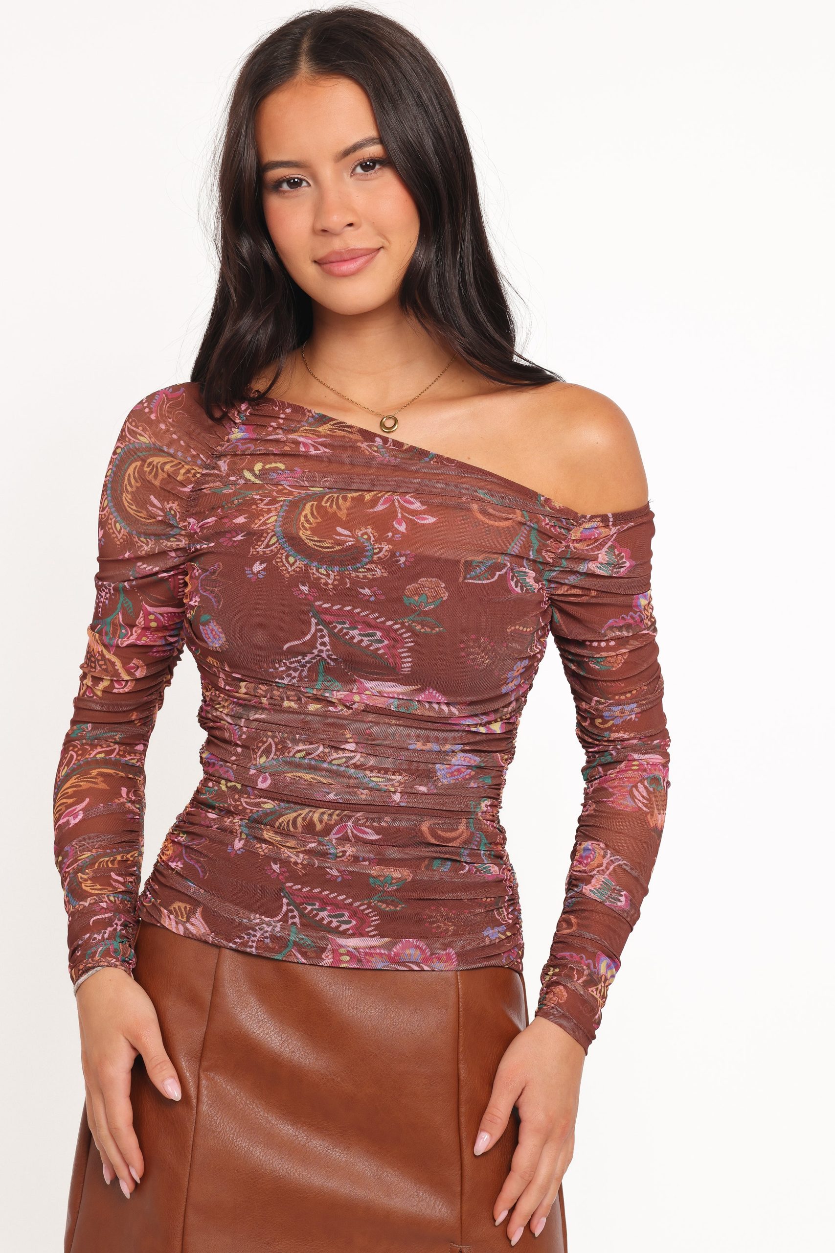 Elfrida Off Shoulder Mesh Top - Brown Floral - Image 5