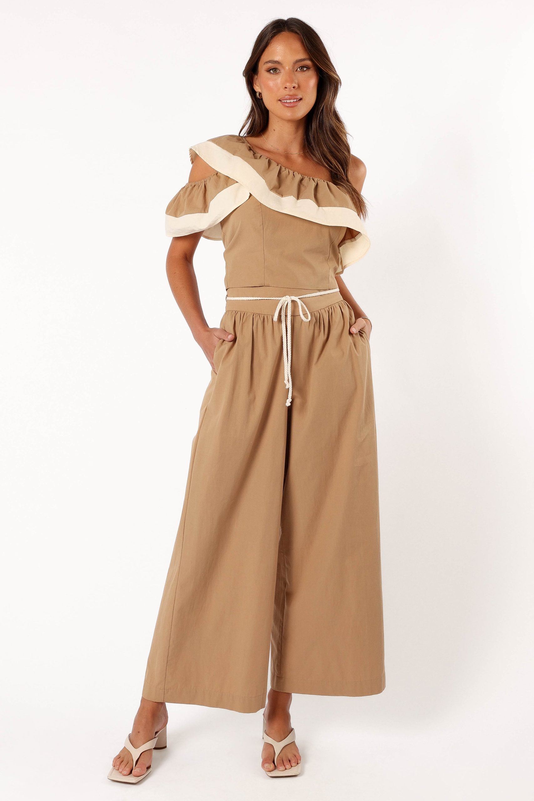 Everly One Shoulder Top - Khaki/Cream - Image 2