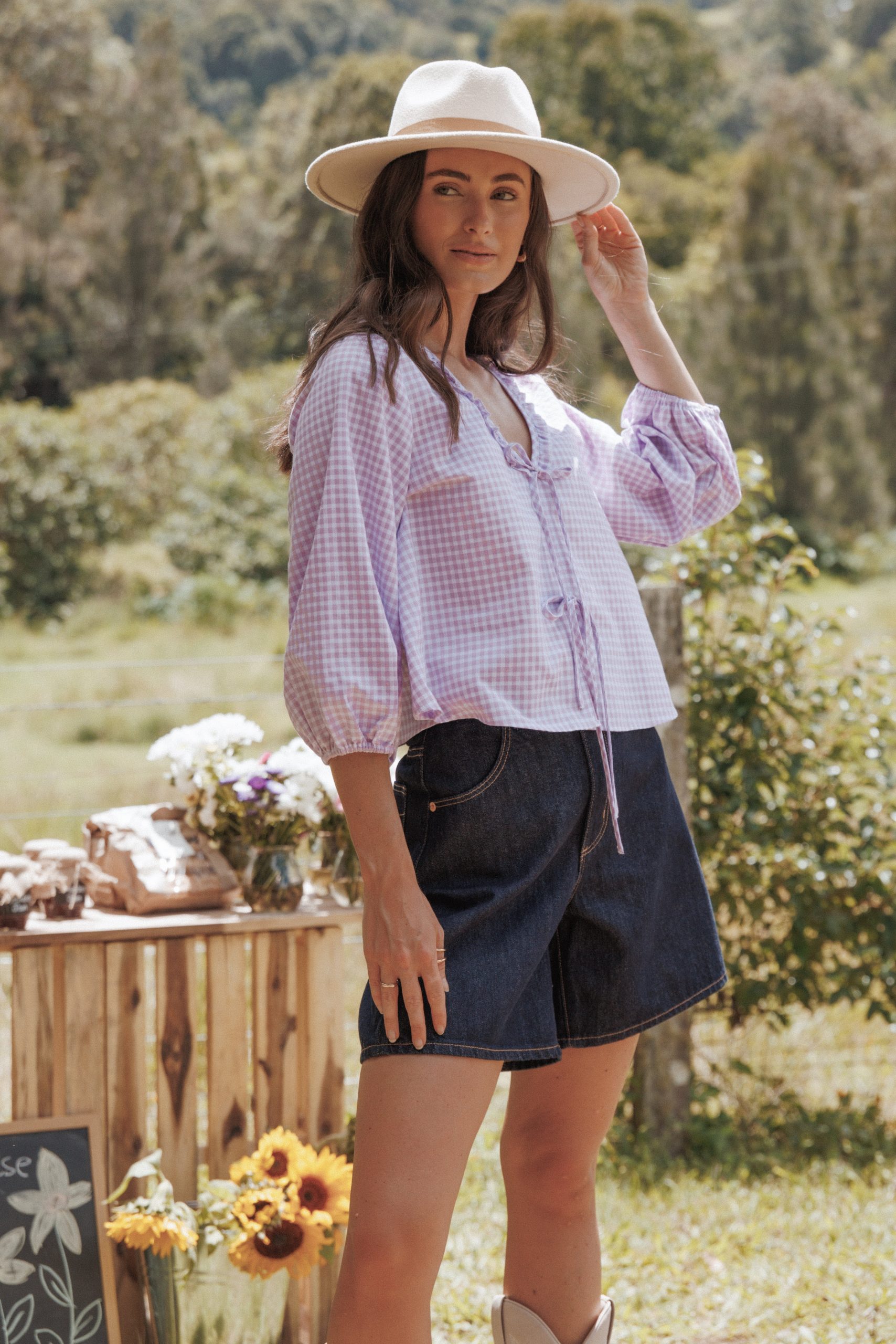 Fainche Front Tie Top - Lilac Gingham - Image 9