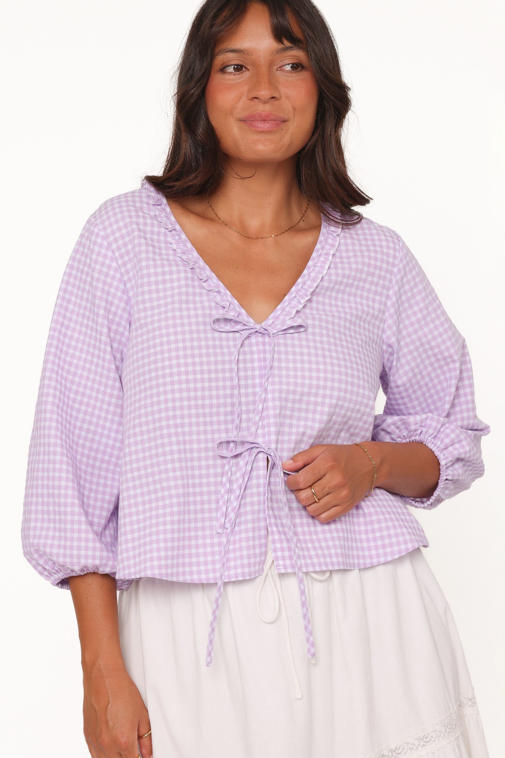 Fainche Front Tie Top - Lilac Gingham - Image 3