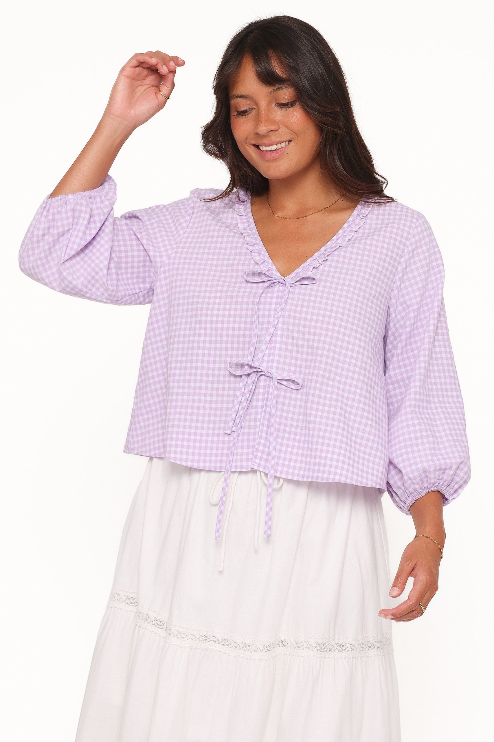 Fainche Front Tie Top - Lilac Gingham - Image 2