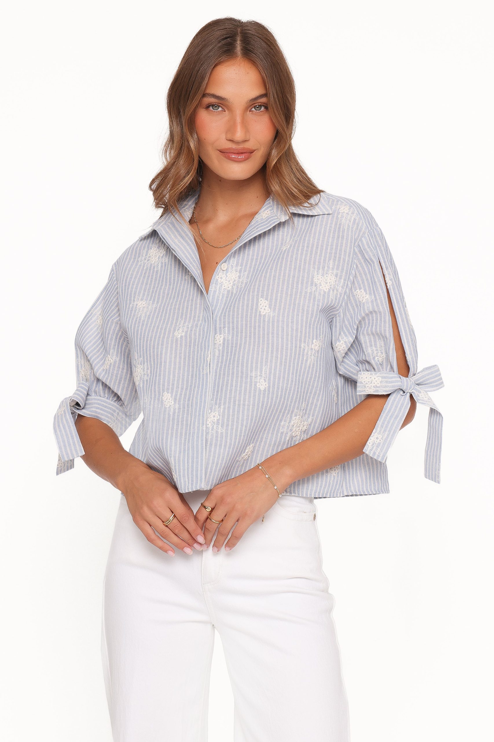 Floriana Tie Sleeve Shirt - Blue Stripe - Image 2